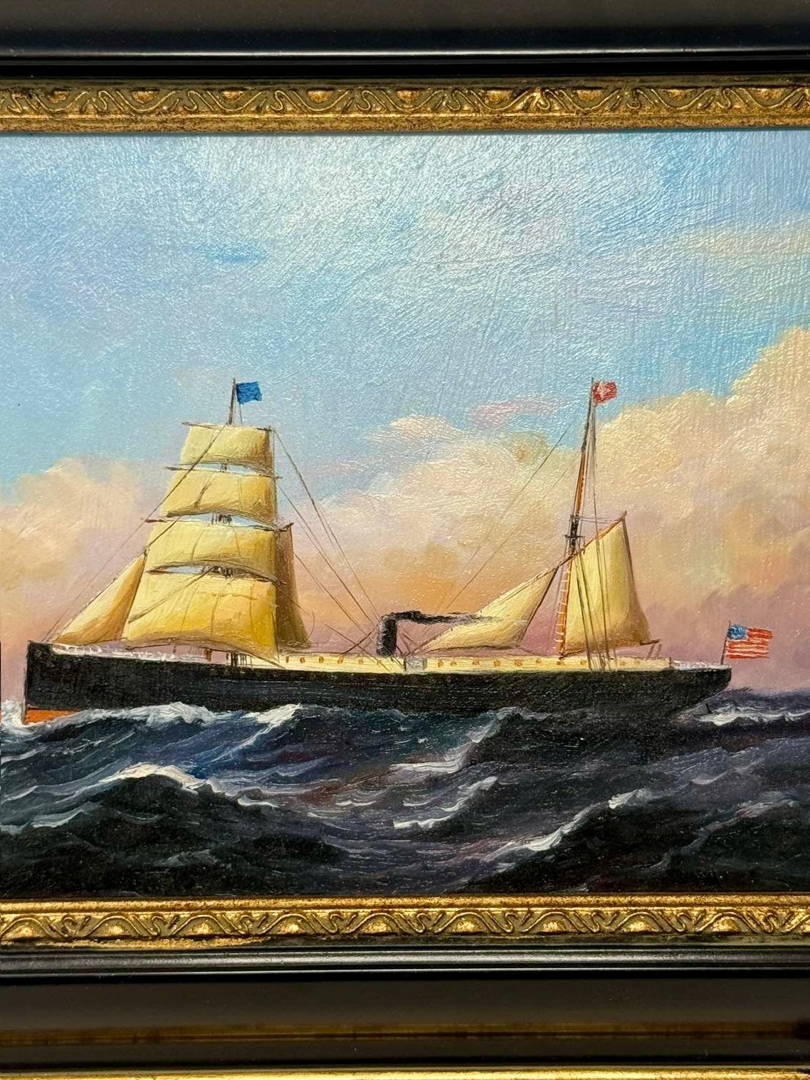 Sailing Steamship Seascape Oil Painting in Decorative Black & Gold Frame