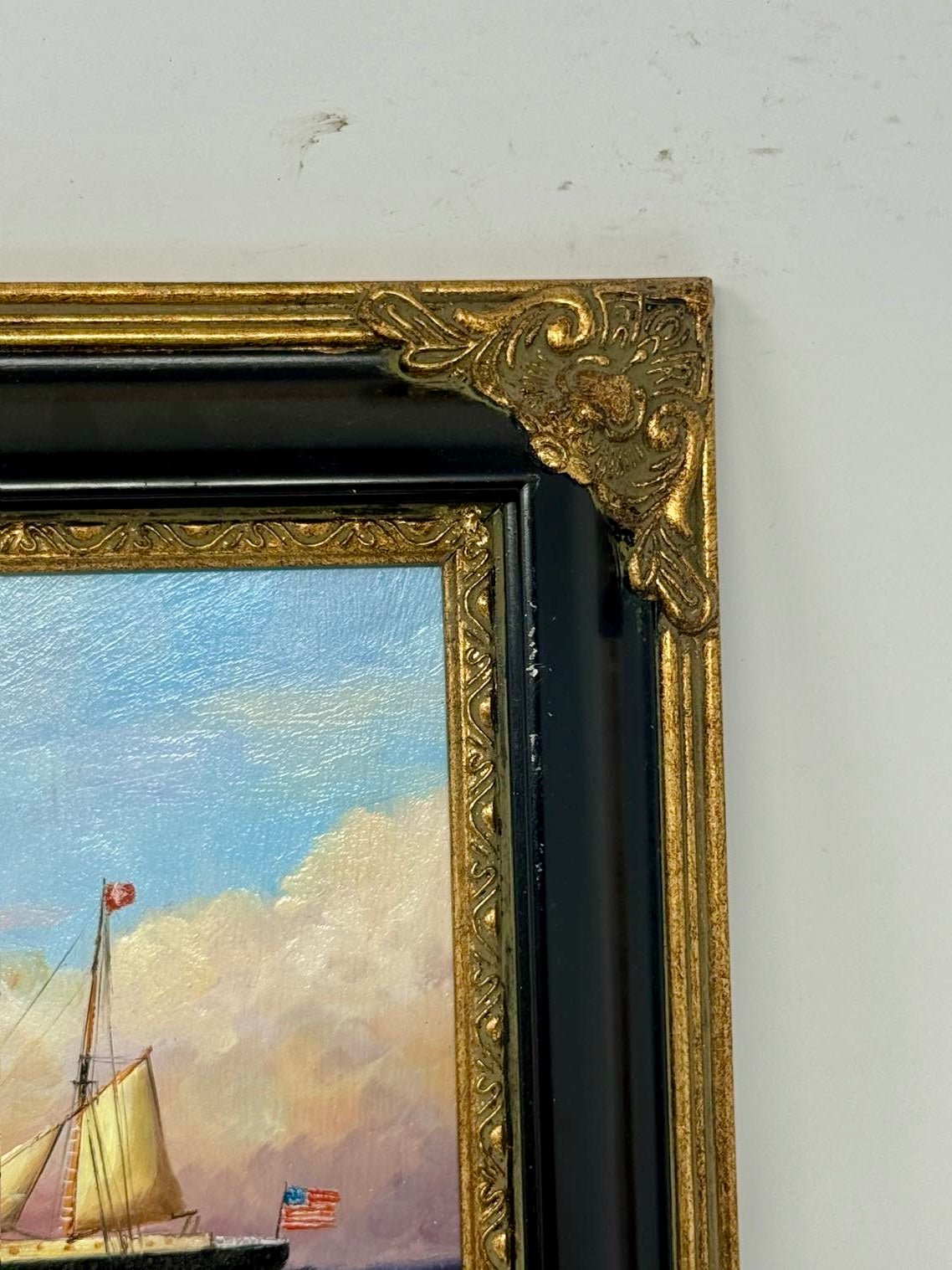 Sailing Steamship Seascape Oil Painting in Decorative Black & Gold Frame