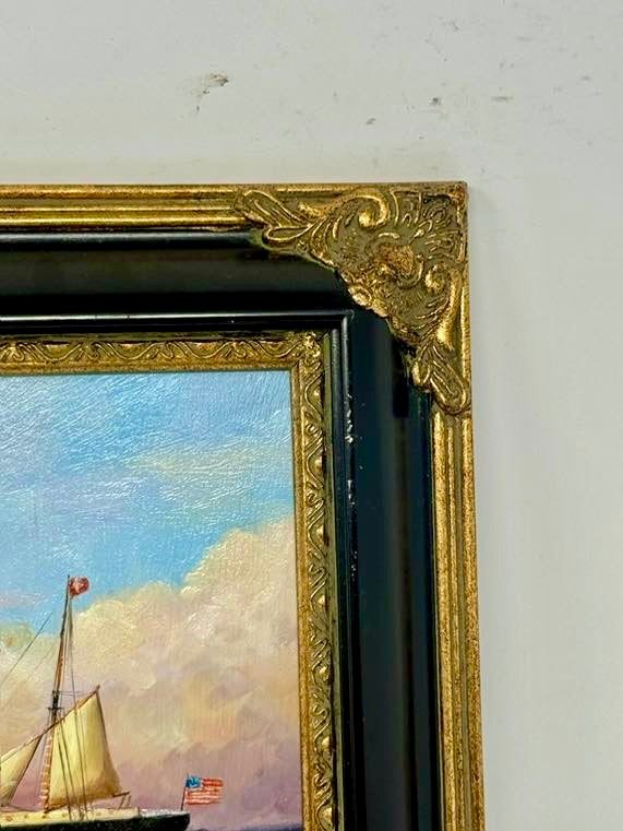 Steam Sailing Ship at Sea Oil Painting in Decorative Black & Gold Frame