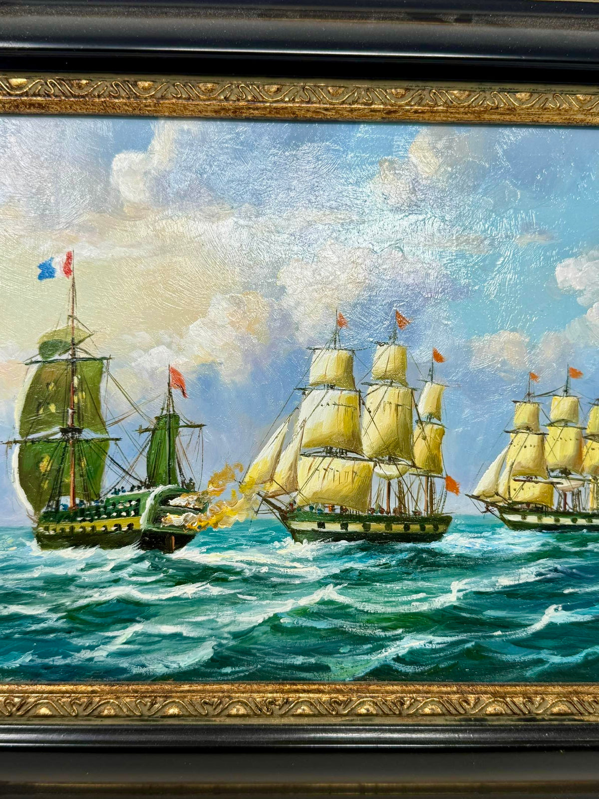 Sailing Ships at Sea Oil Painting in Decorative Black & Gold Frame