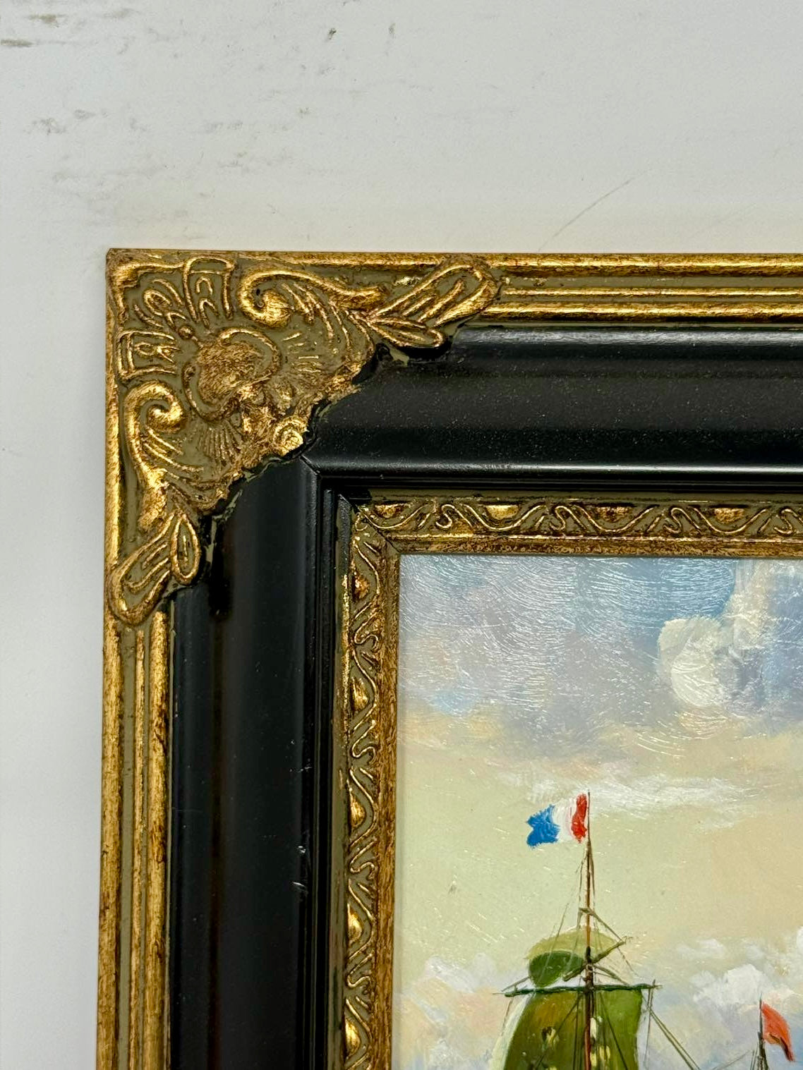 Sailing Ships at Sea Oil Painting in Decorative Black & Gold Frame