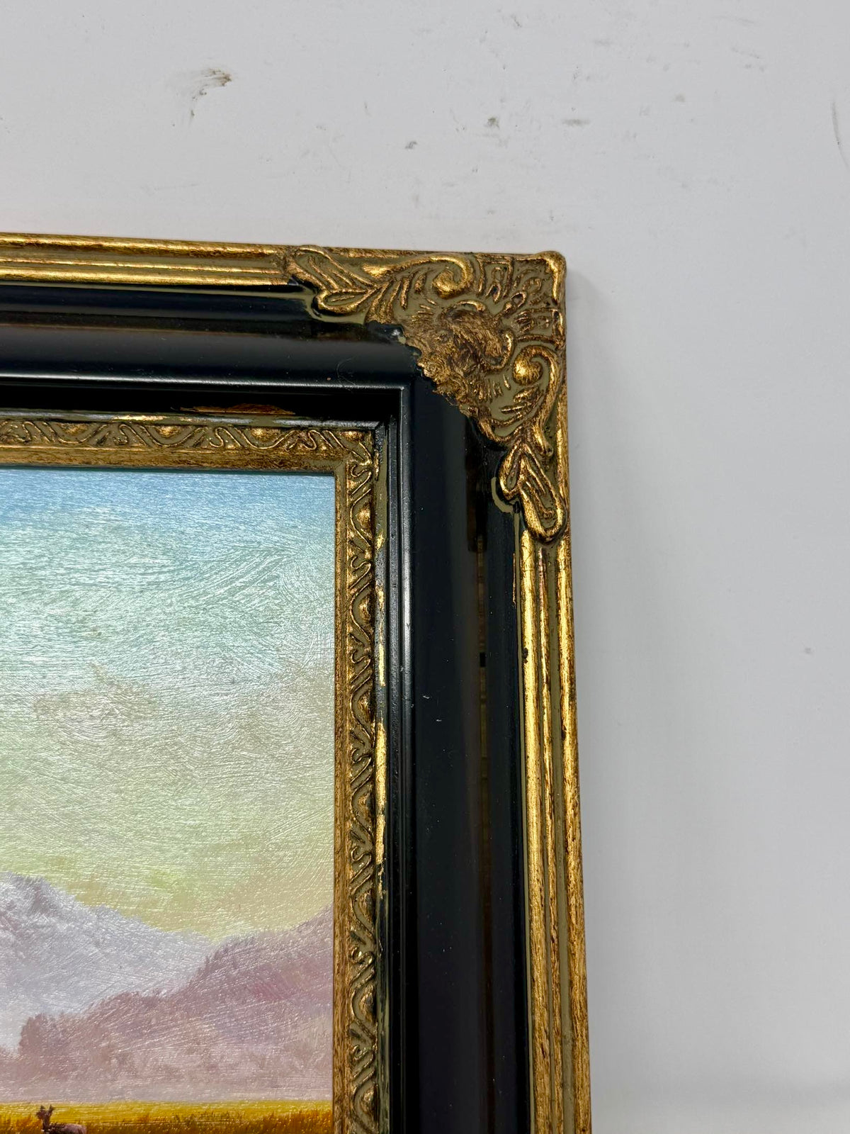Mountain Meadow with Deer Oil Painting in Decorative Black & Gold Frame