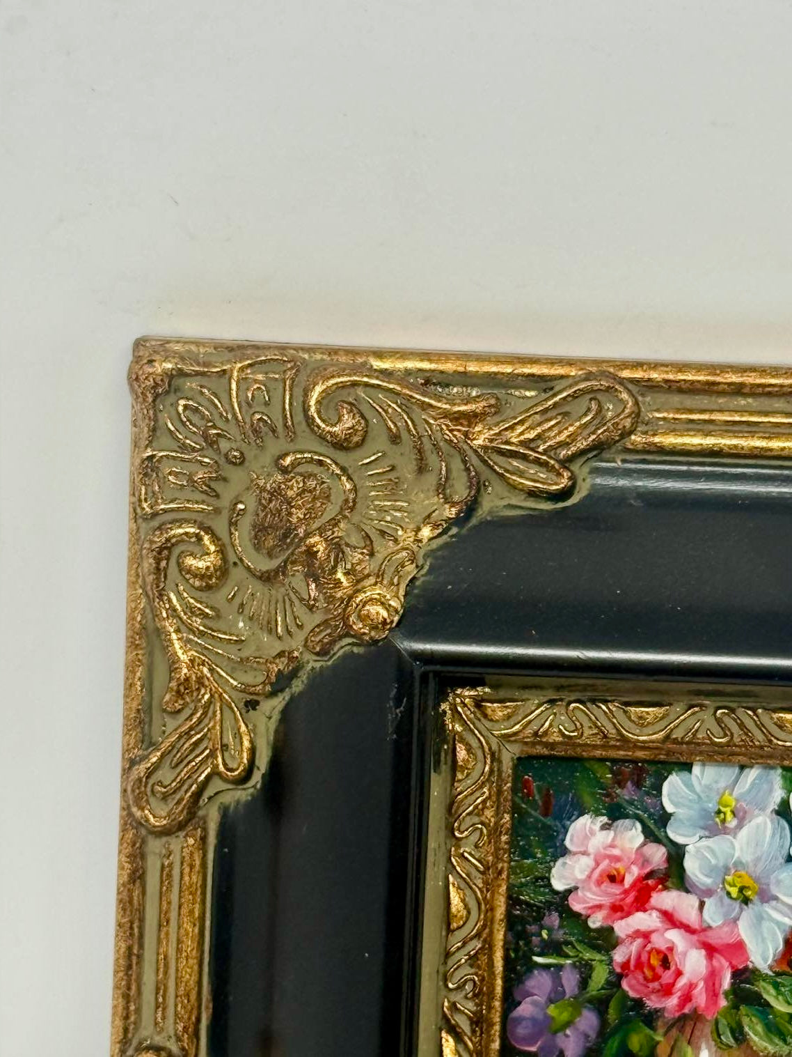 Floral Still Life Oil Painting in Ornate Black & Gold Frame