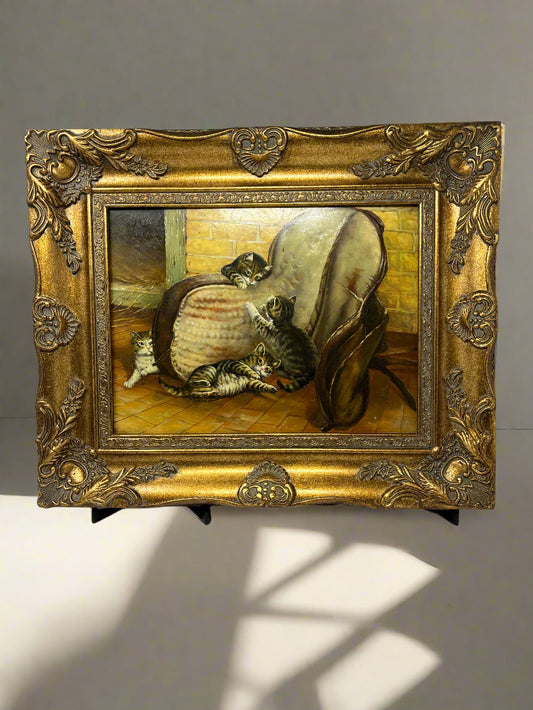 Victorian Kittens at Play – Vintage Oil Painting