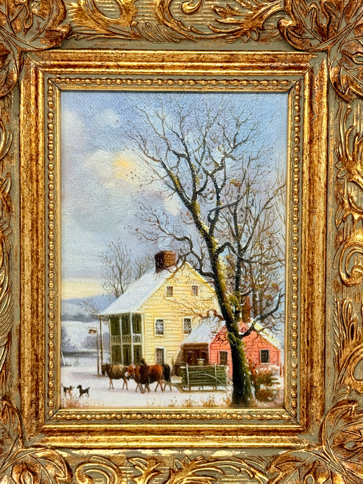 Winter Farmhouse Landscape Oil Painting with Decorative Gold Frame
