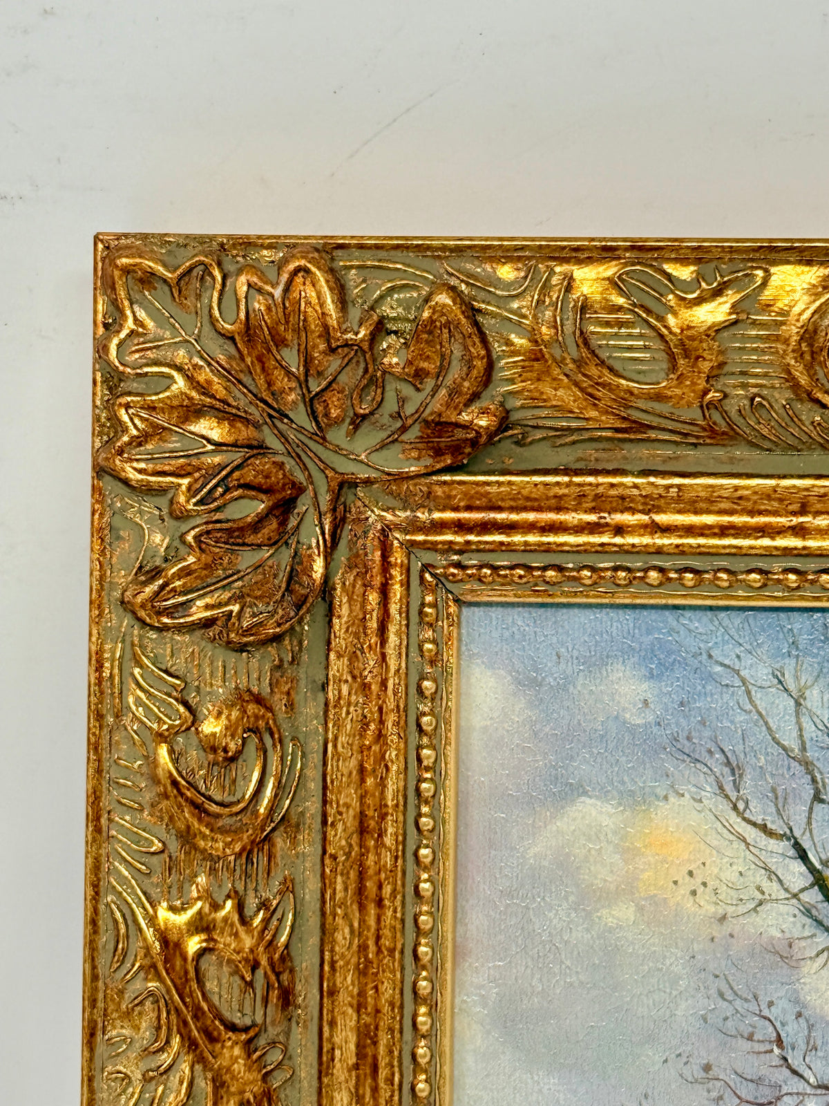 Winter Farmhouse Landscape Oil Painting with Decorative Gold Frame