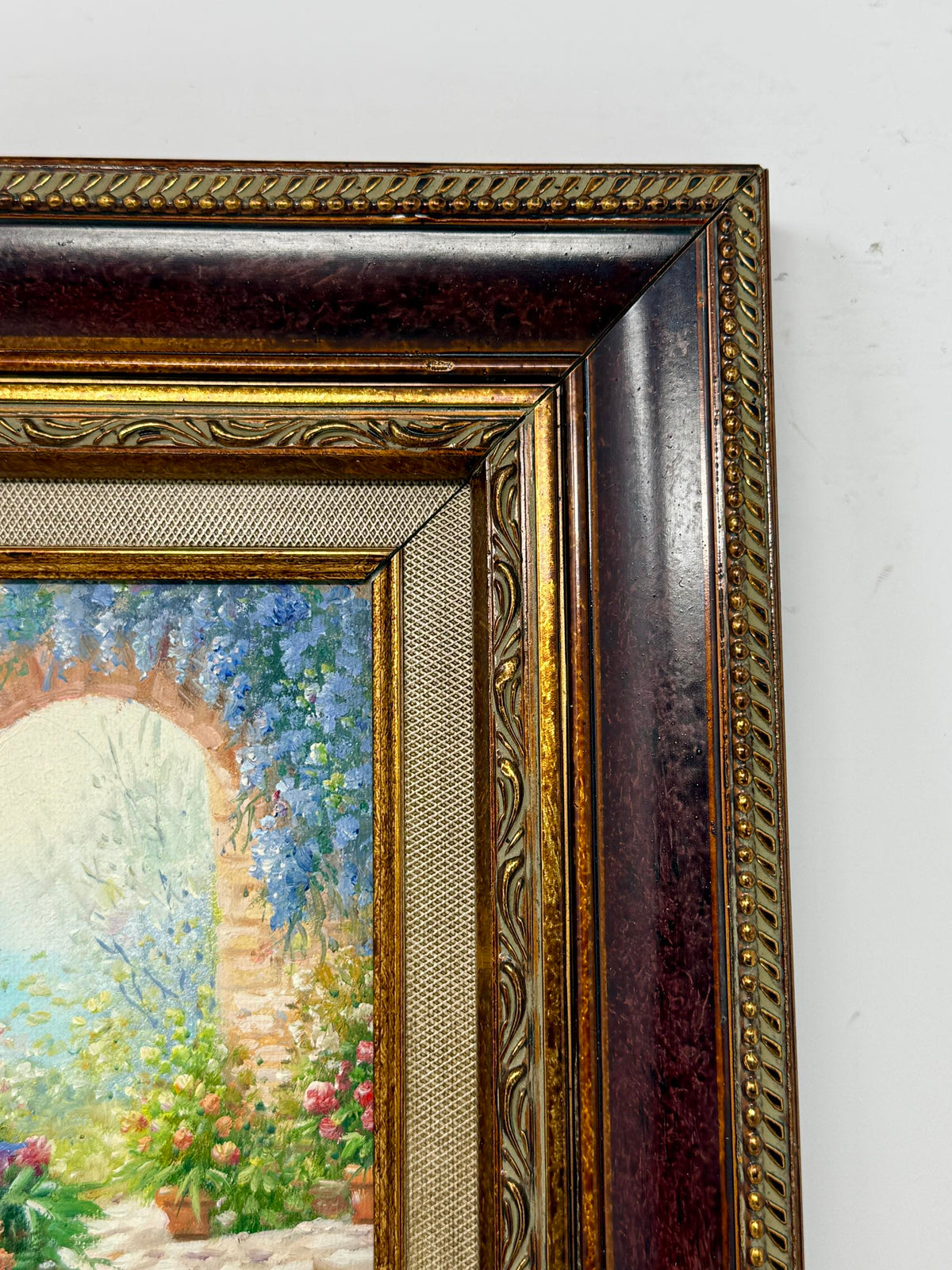 Flower Garden Oil Painting in Decorative Brown & Gold Frame – Garden Wall Art