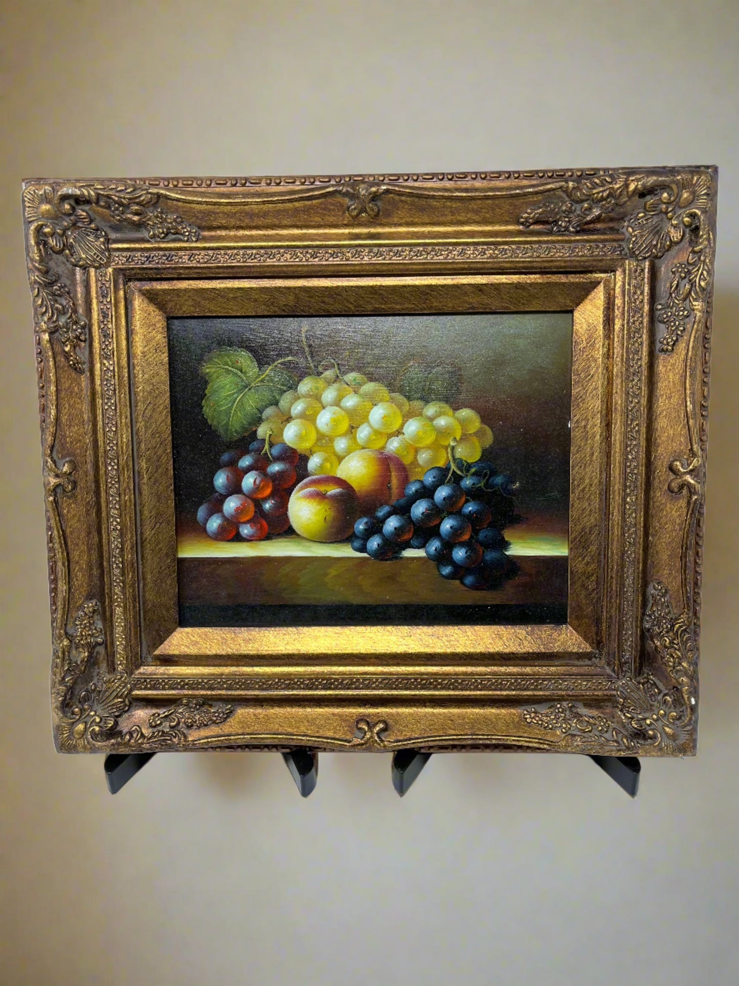 Different Color Grapes and Peaches on Table Oil Painting 13x15