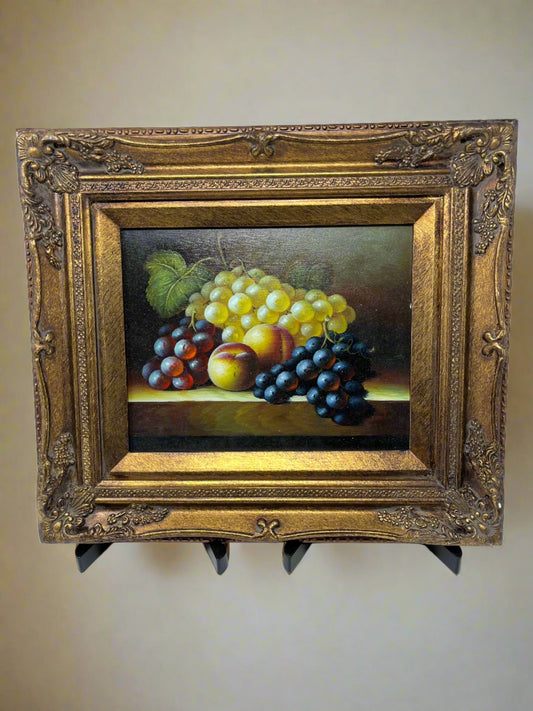 Different Color Grapes and Peaches on Table Oil Painting 13x15