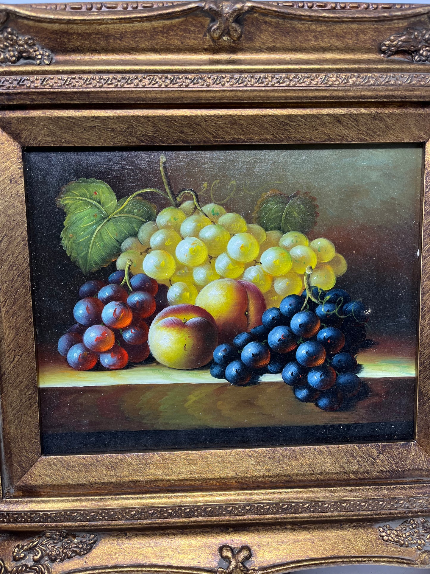 Different Color Grapes and Peaches on Table Oil Painting 13x15