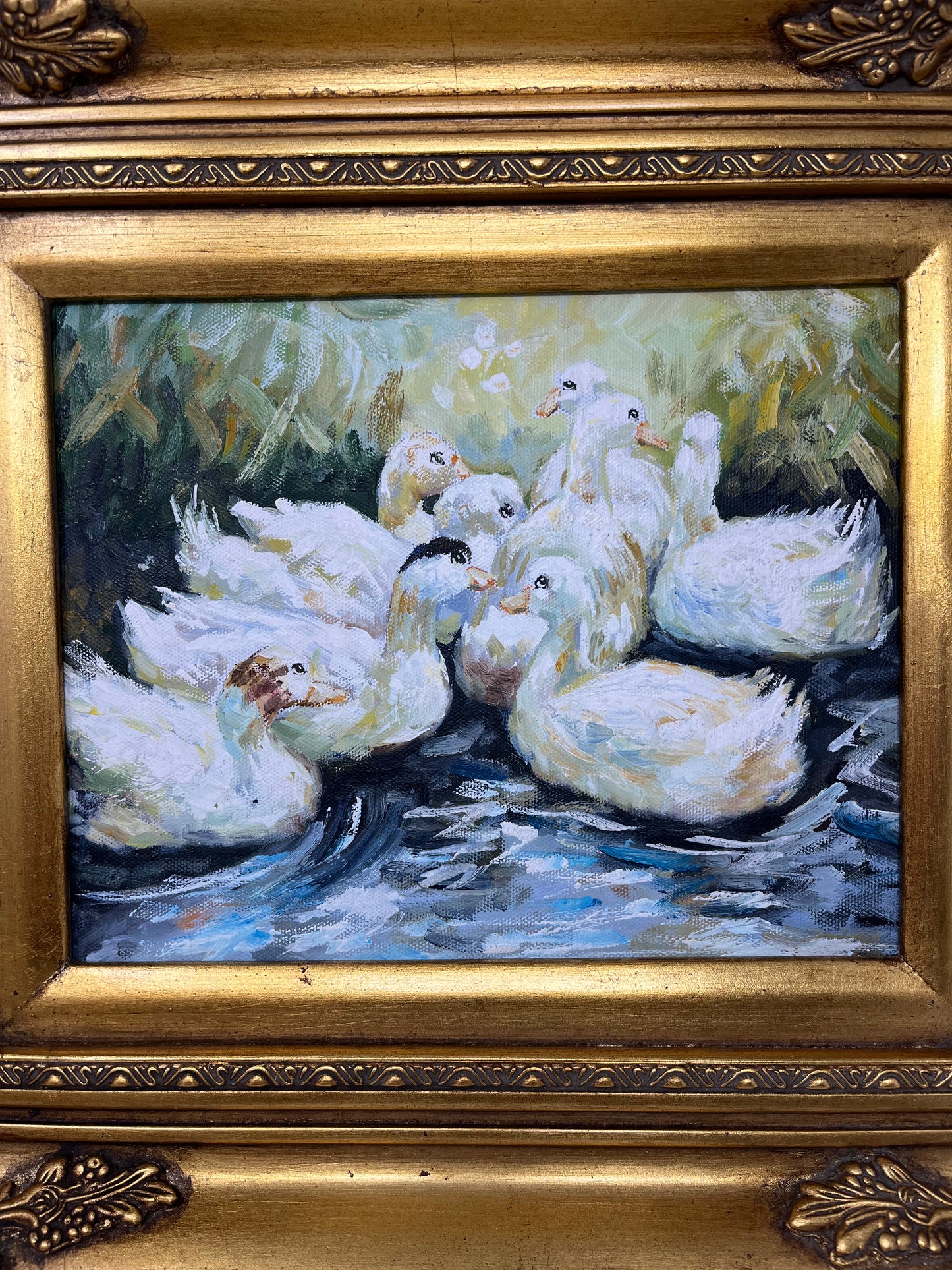 Swans Together Hanging out oil painting 17x16