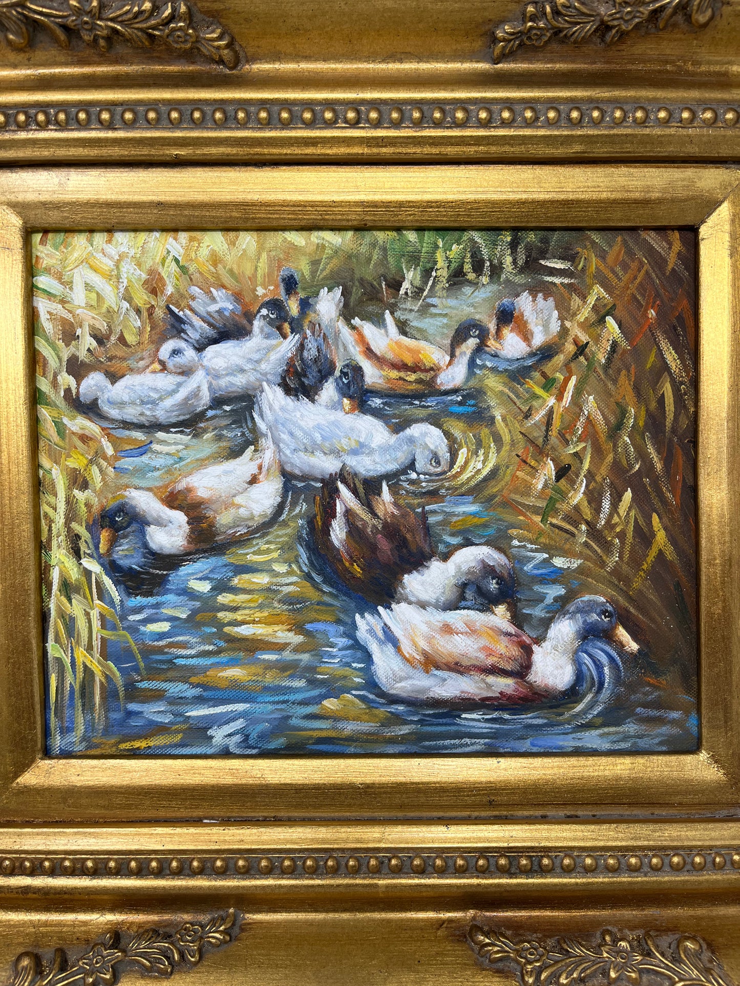 Swans Scattered along the Water oil painting 17x16