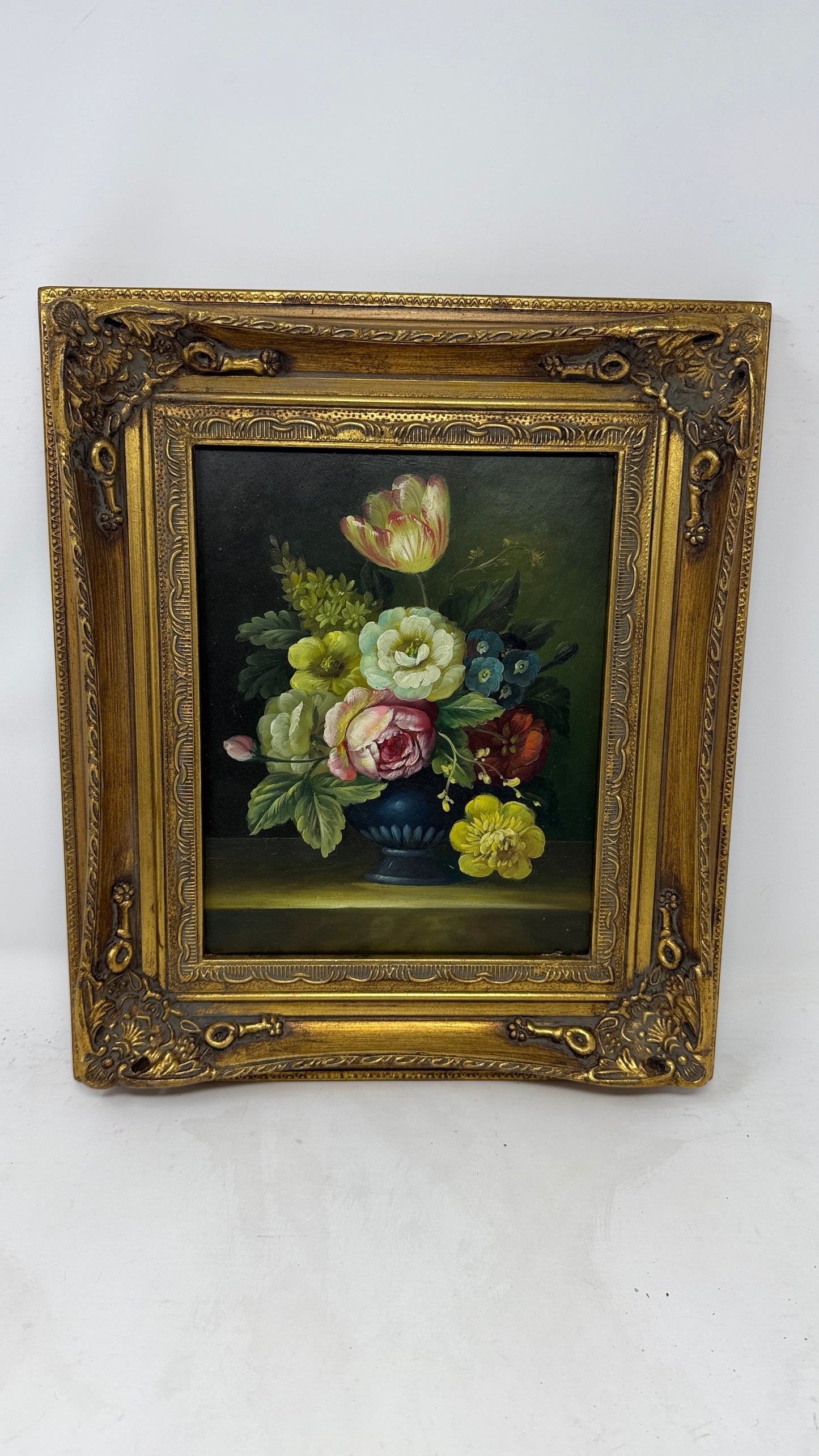 Romantic Floral Still Life in Ornate Gold Frame