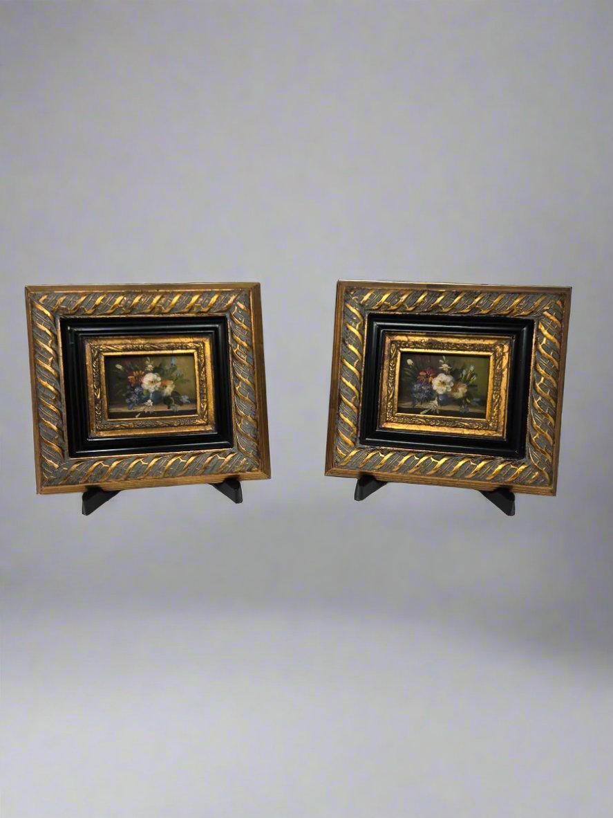 Pair of Vintage Floral Miniatures in Ornate Black and Gold Frames