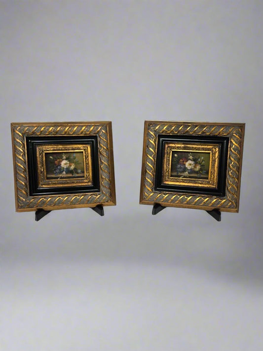 Pair of Vintage Floral Miniatures in Ornate Black and Gold Frames