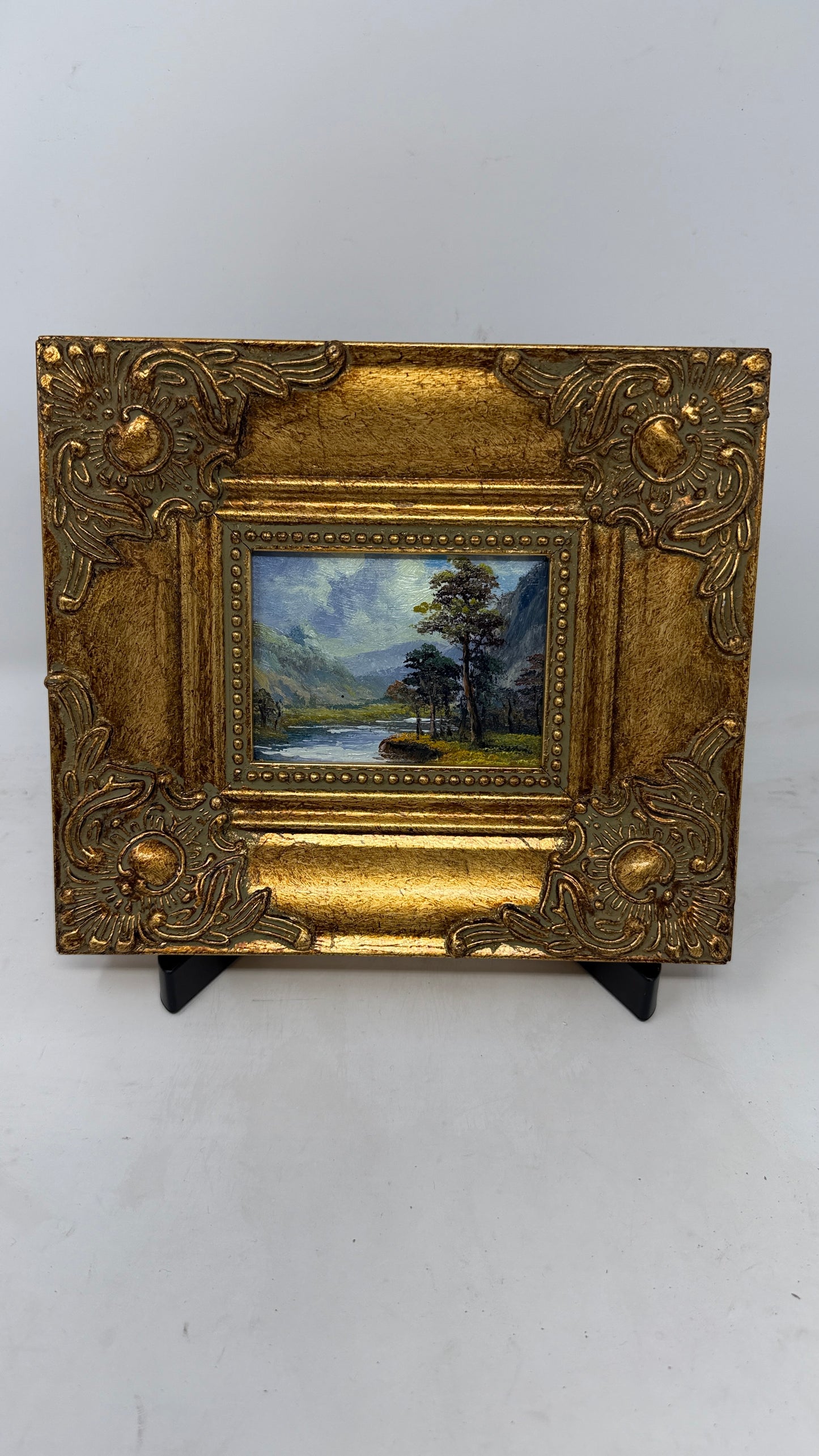 Miniature Mountain Lake Painting in Ornate Gold Frame
