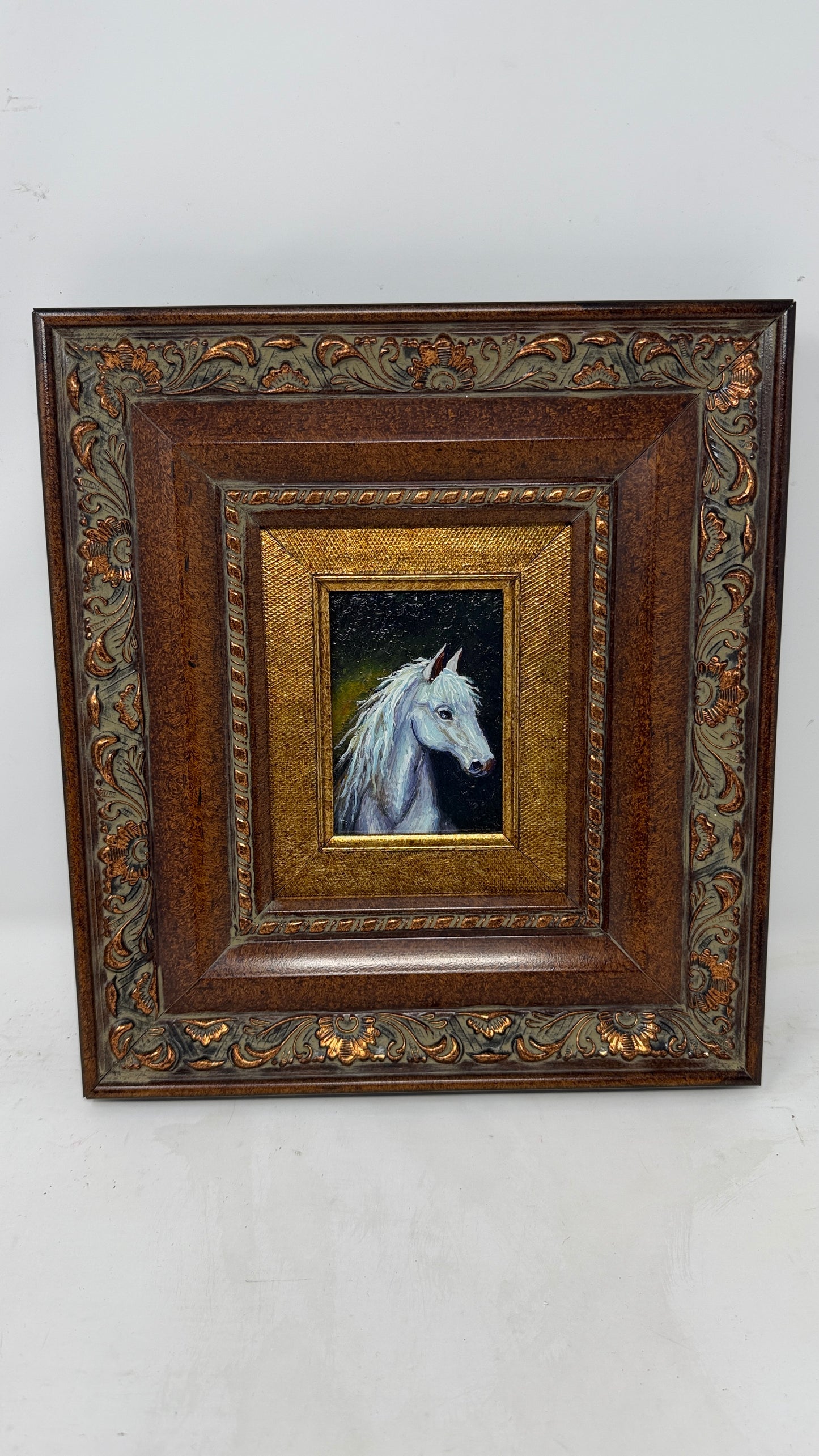 Miniature White Horse Portrait in Ornate Wood & Gold Frame