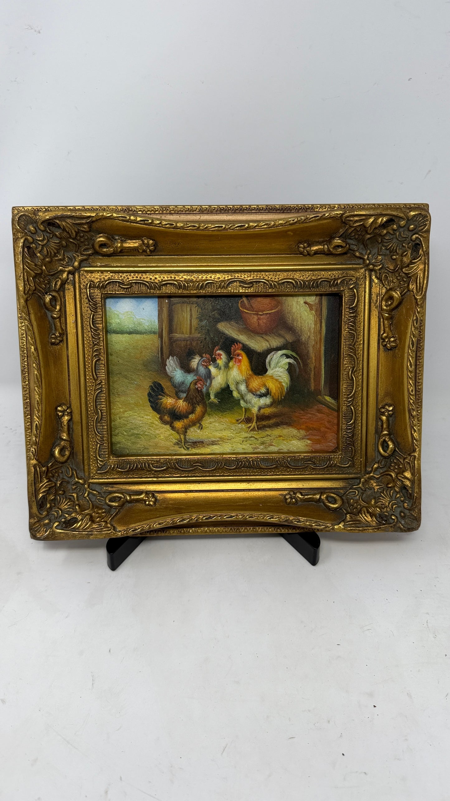 Framed Rooster & Hen Farmyard Painting