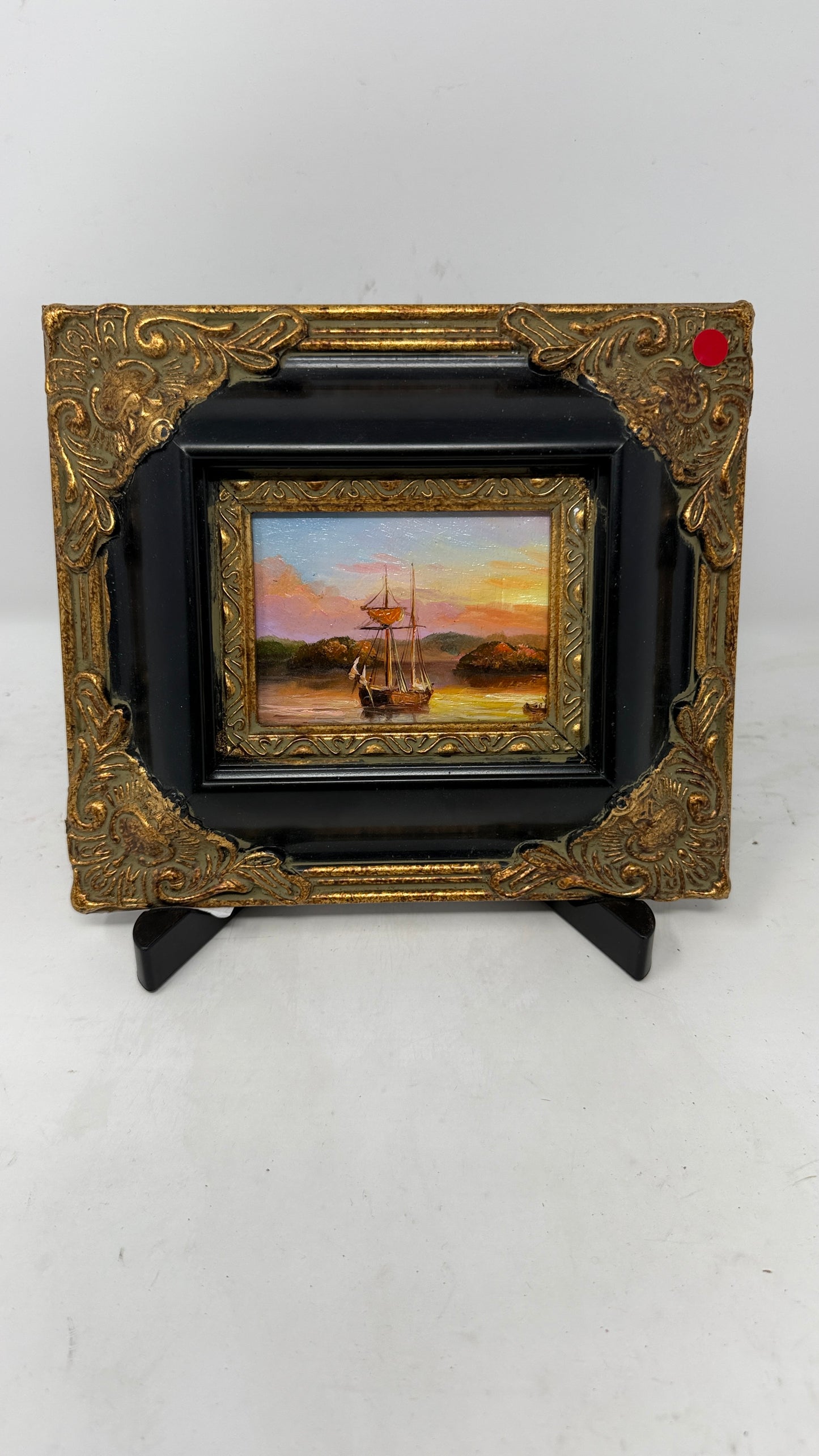 Small Framed Sailboat Seascape Painting in Black and Gold Ornate Frame