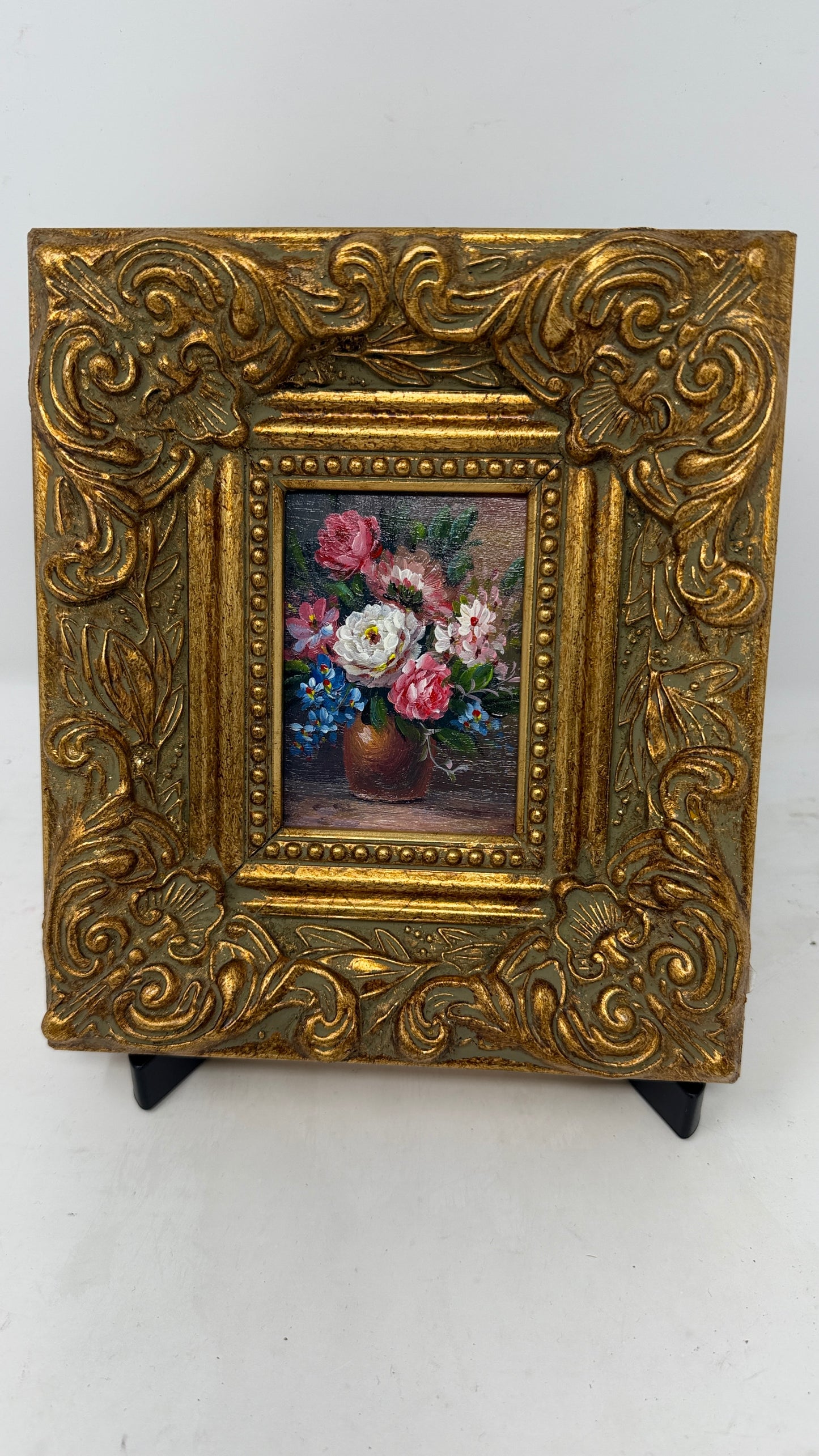 Small Framed Floral Bouquet Painting in Ornate Gold Decorative Frame