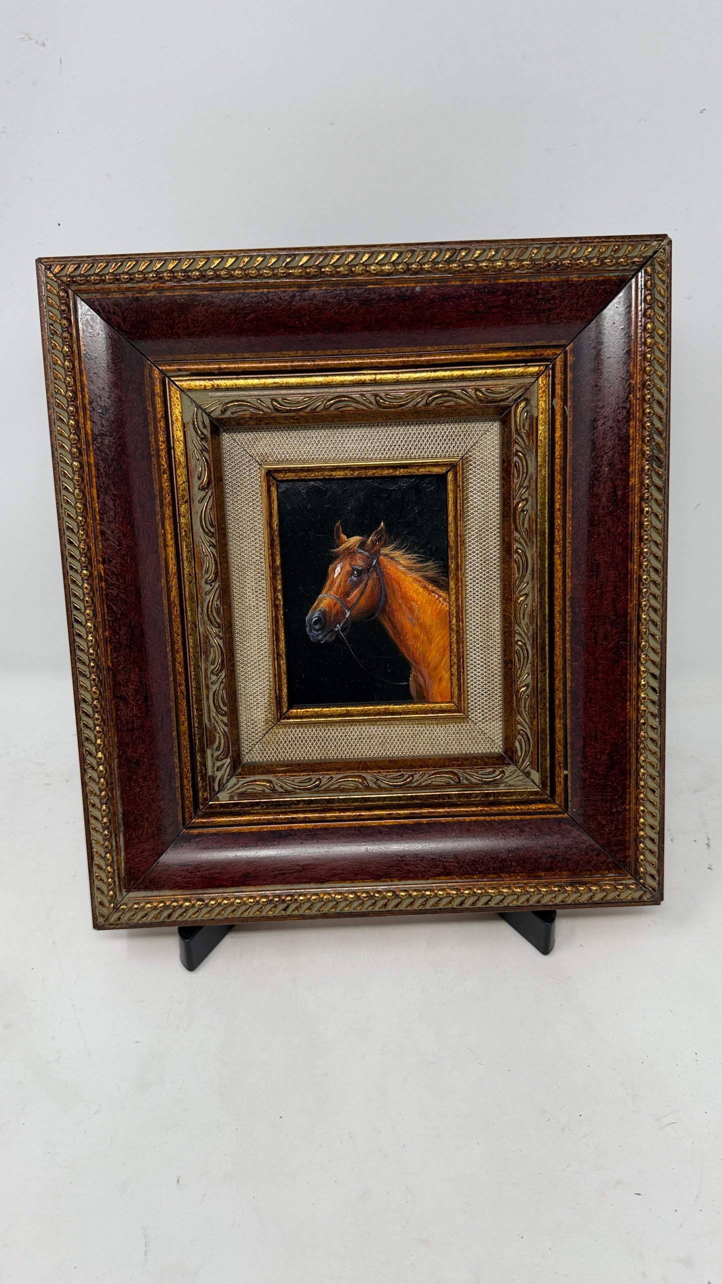 Chestnut Horse Portrait in Burgundy and Gold Decorative Frame, Small Equestrian Wall Art