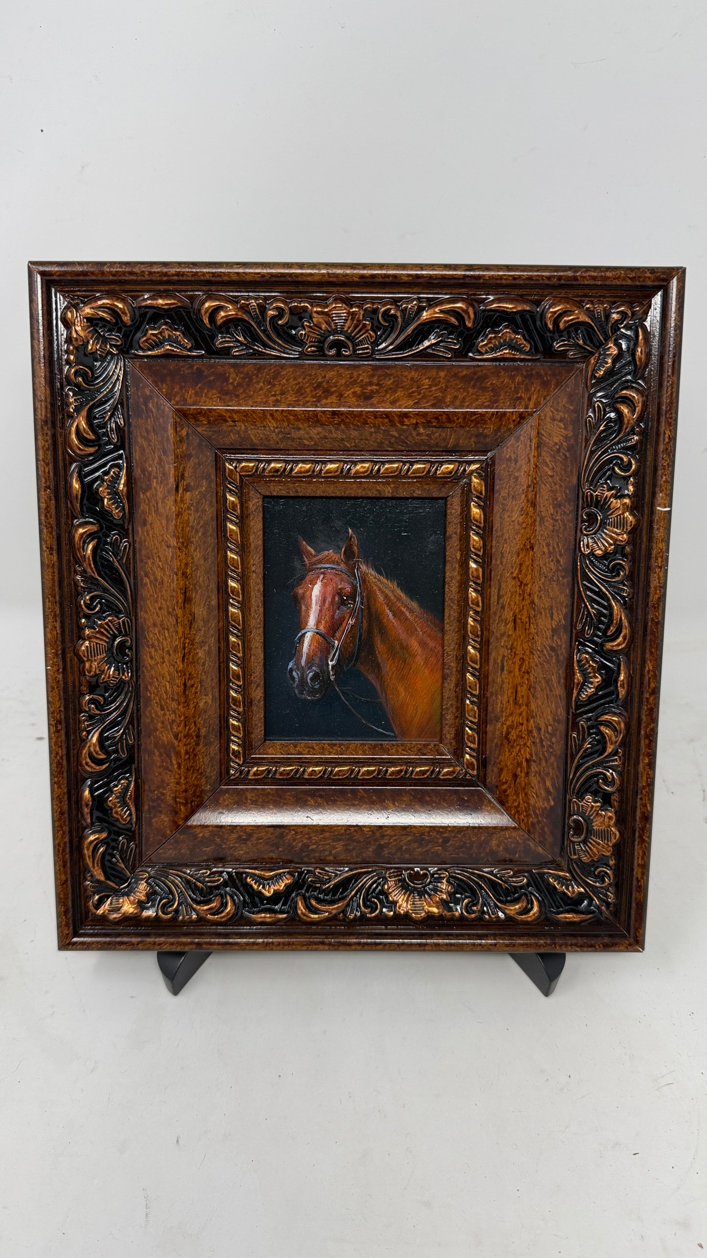 Chestnut Horse Portrait in Ornate Carved Wood Frame | Equestrian Wall Art