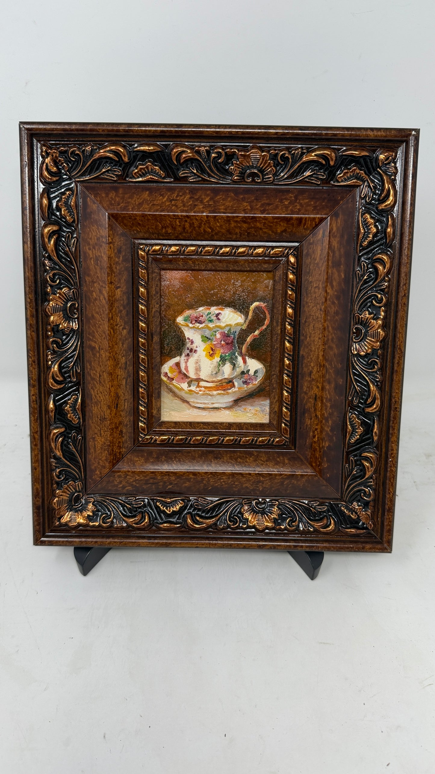Ornate Brown and Gold Framed Floral Cup Still Life Painting