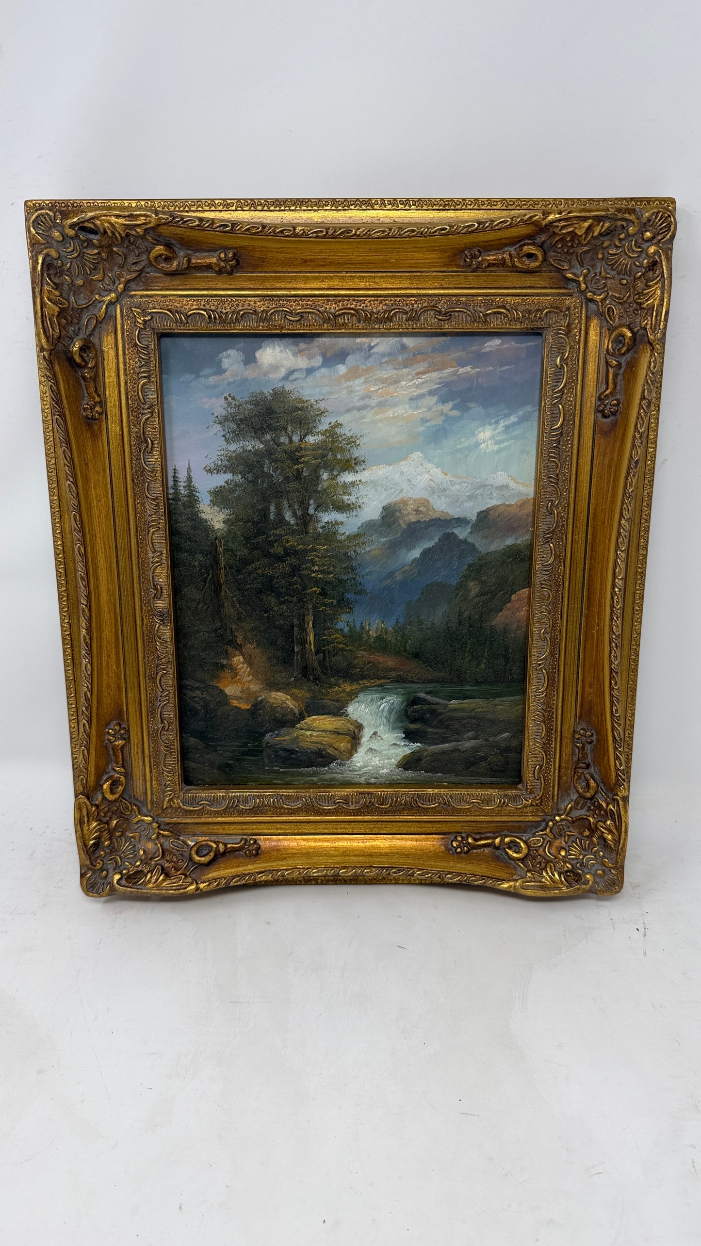 Mountain Waterfall Landscape in Ornate Gold-Tone Frame