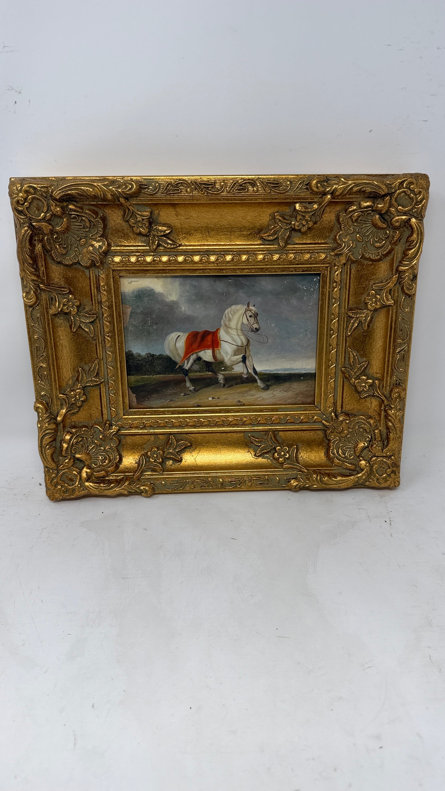 Regal White Horse Portrait in Ornate Gold-Tone Frame