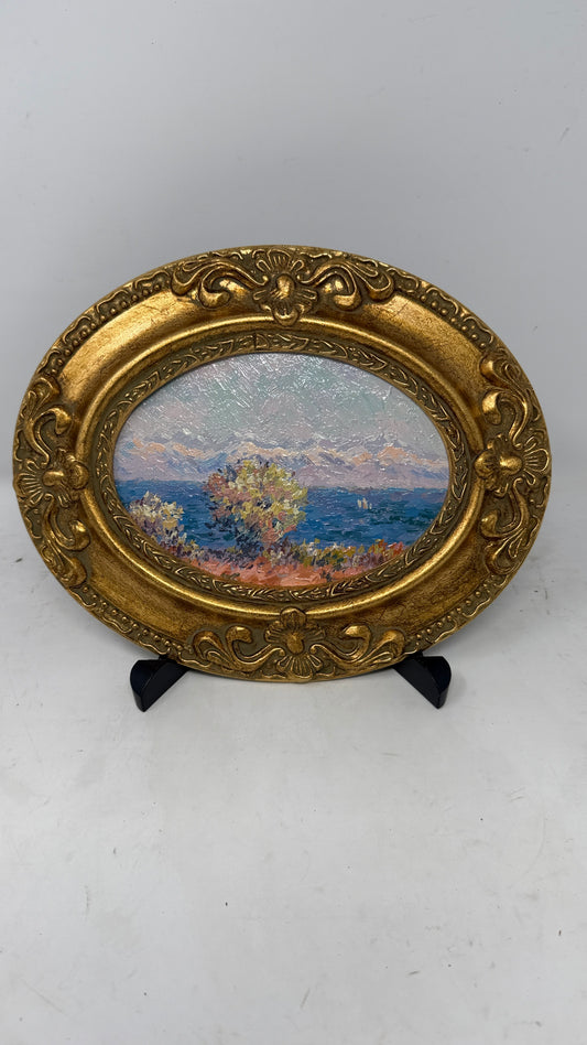 Beyond the Blue — Mountain Lake Painting in an Ornate Gold Oval Frame