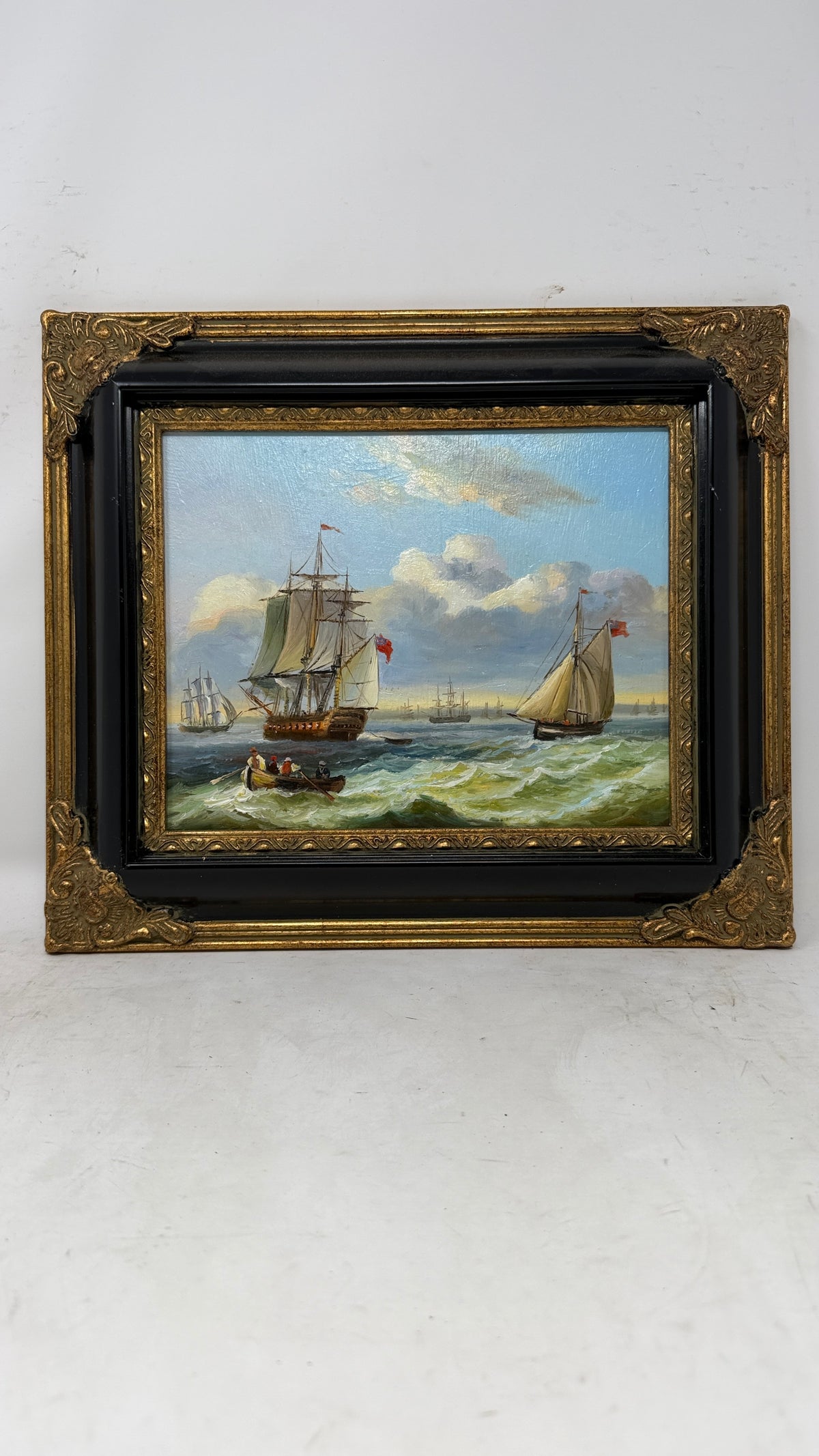 Sailing Vessels in Coastal Waters – Framed Maritime Oil Painting