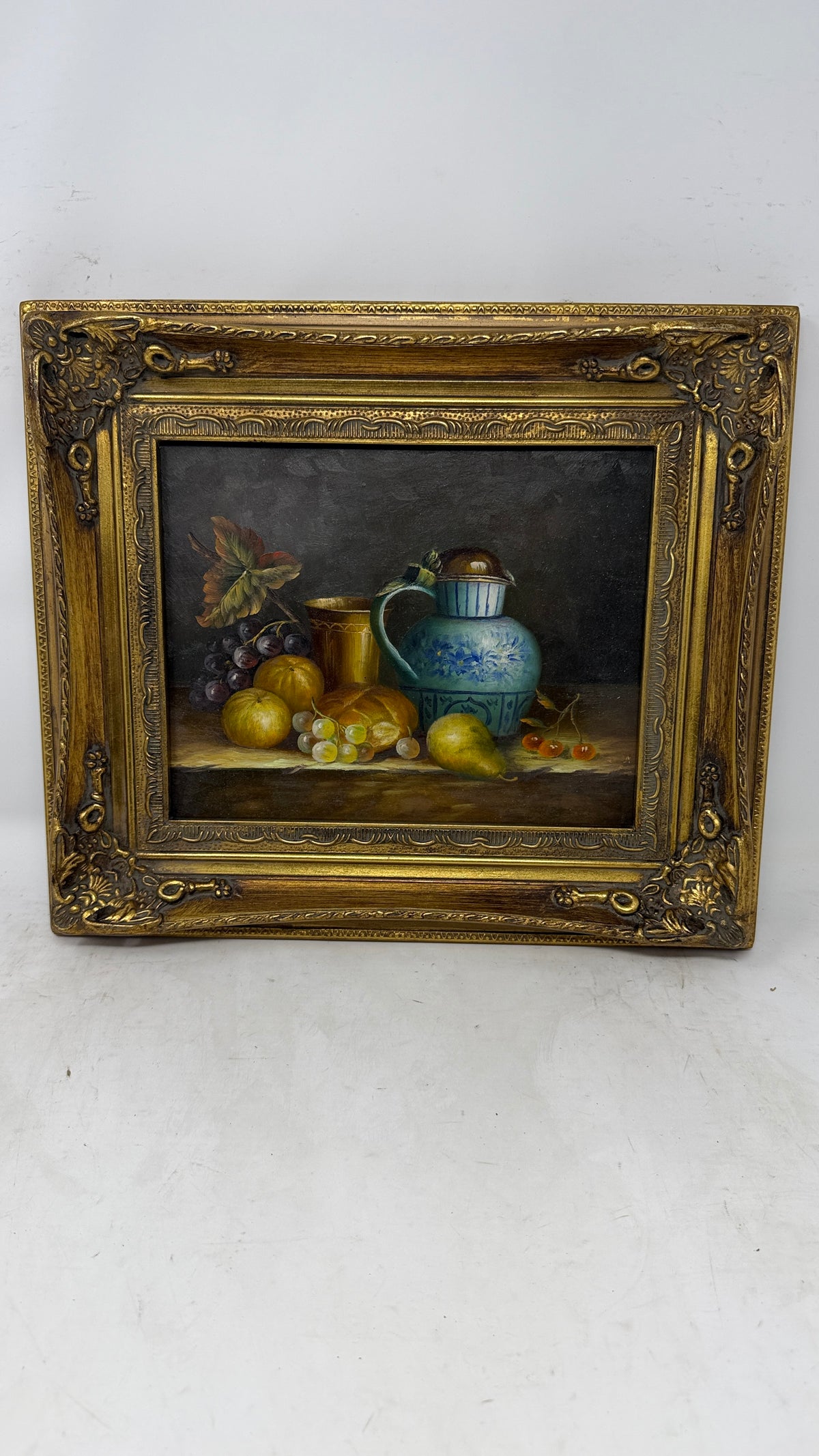 Fruit & Blue Vase Still Life – Framed Oil Painting
