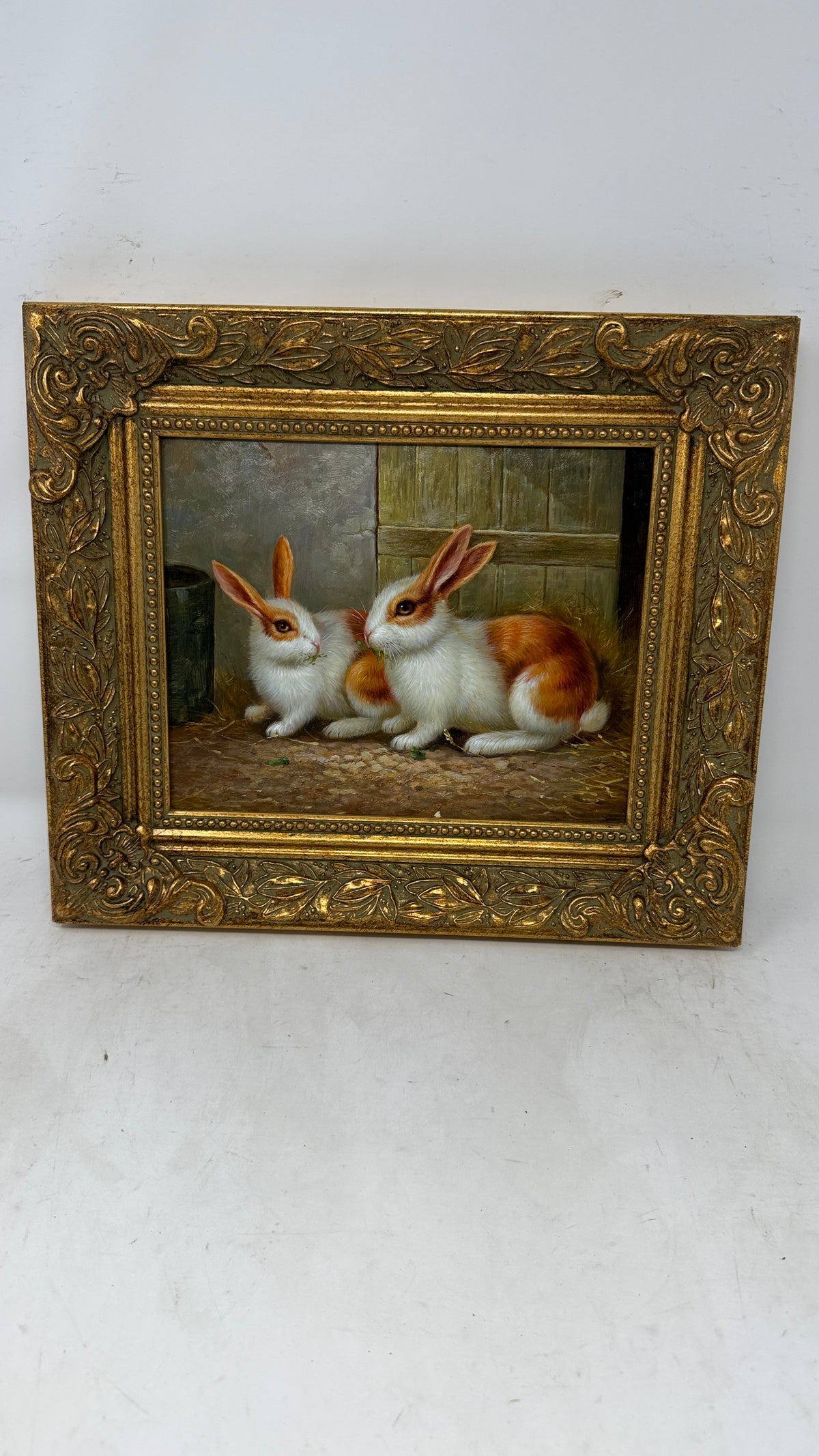 Two Rabbits in the Barn – Framed Oil Painting