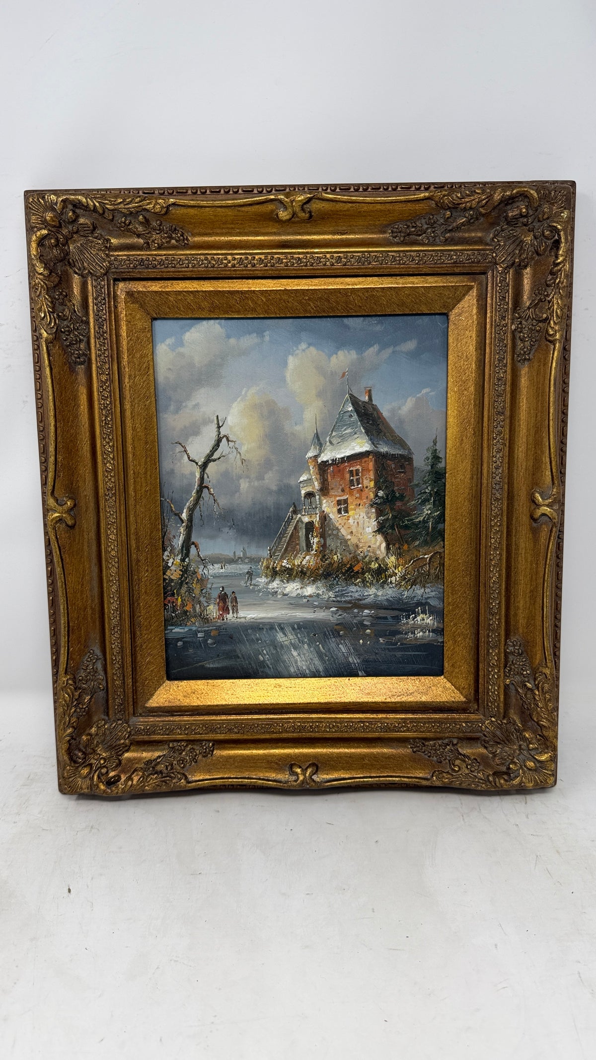 Winter Manor by the Frozen Lake – Framed Oil Painting