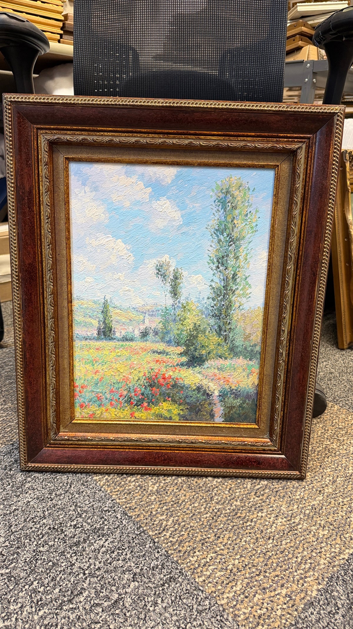Impressionist Garden Landscape with Tall Trees in Ornate Wood & Gold Frame