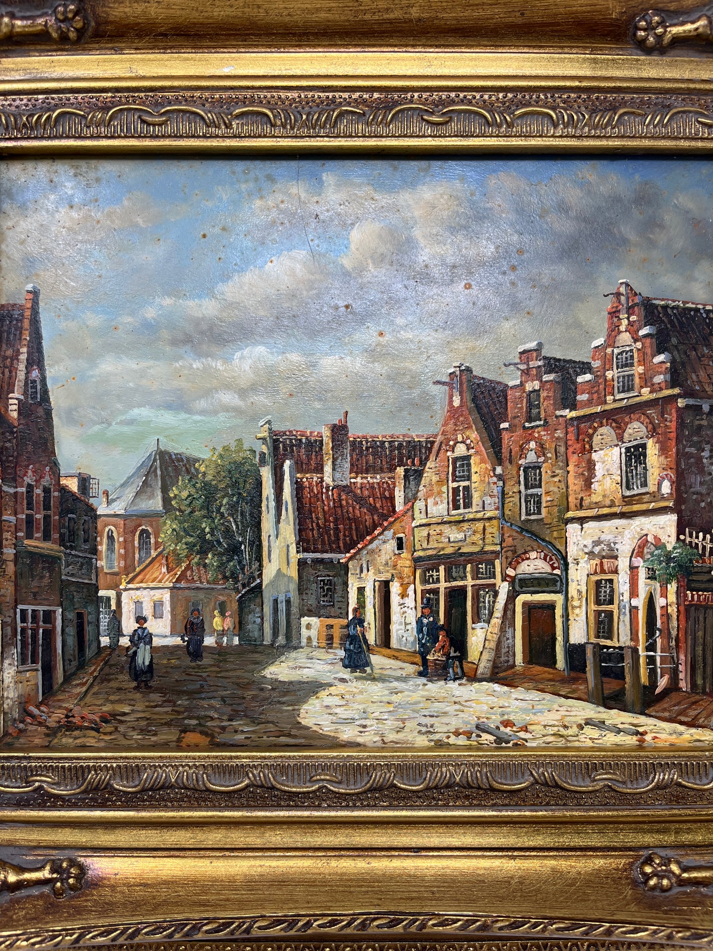 European Street Scene with Church and Shops