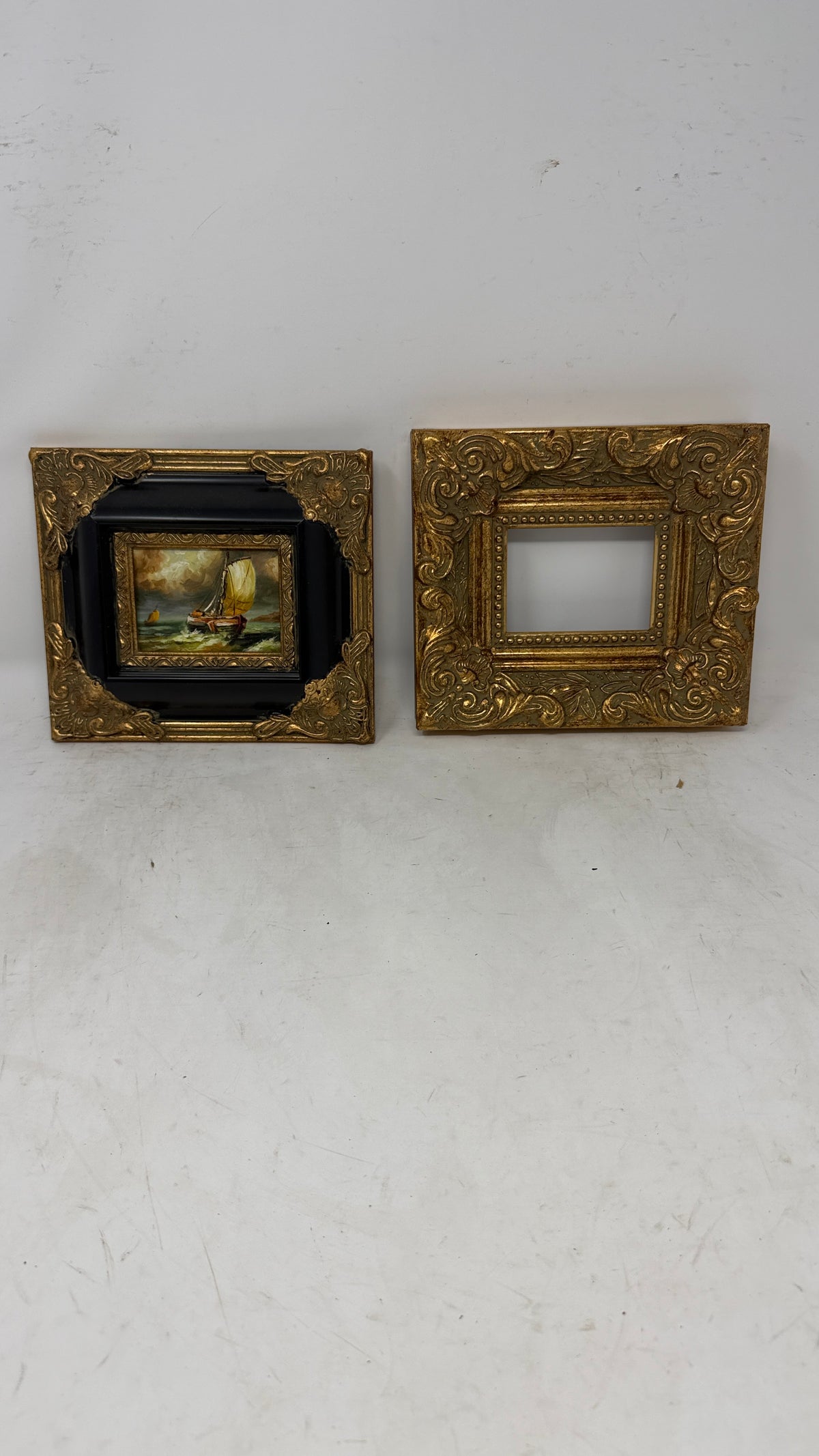 Golden Voyage — Miniature Seascape Painting in Ornate Gold Frame
