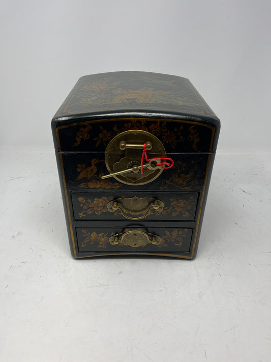 Vintage Asian Lacquered Jewelry Box with Brass Lock and Key