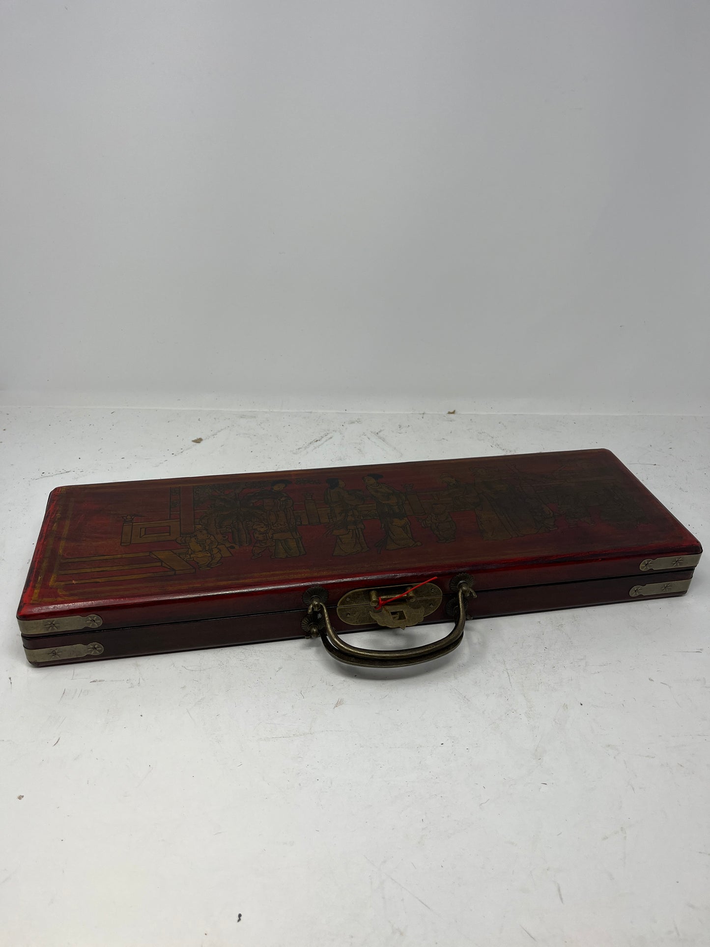 Vintage Chinese Mahjong Set in Red Lacquered Case with Brass Lock and Handle