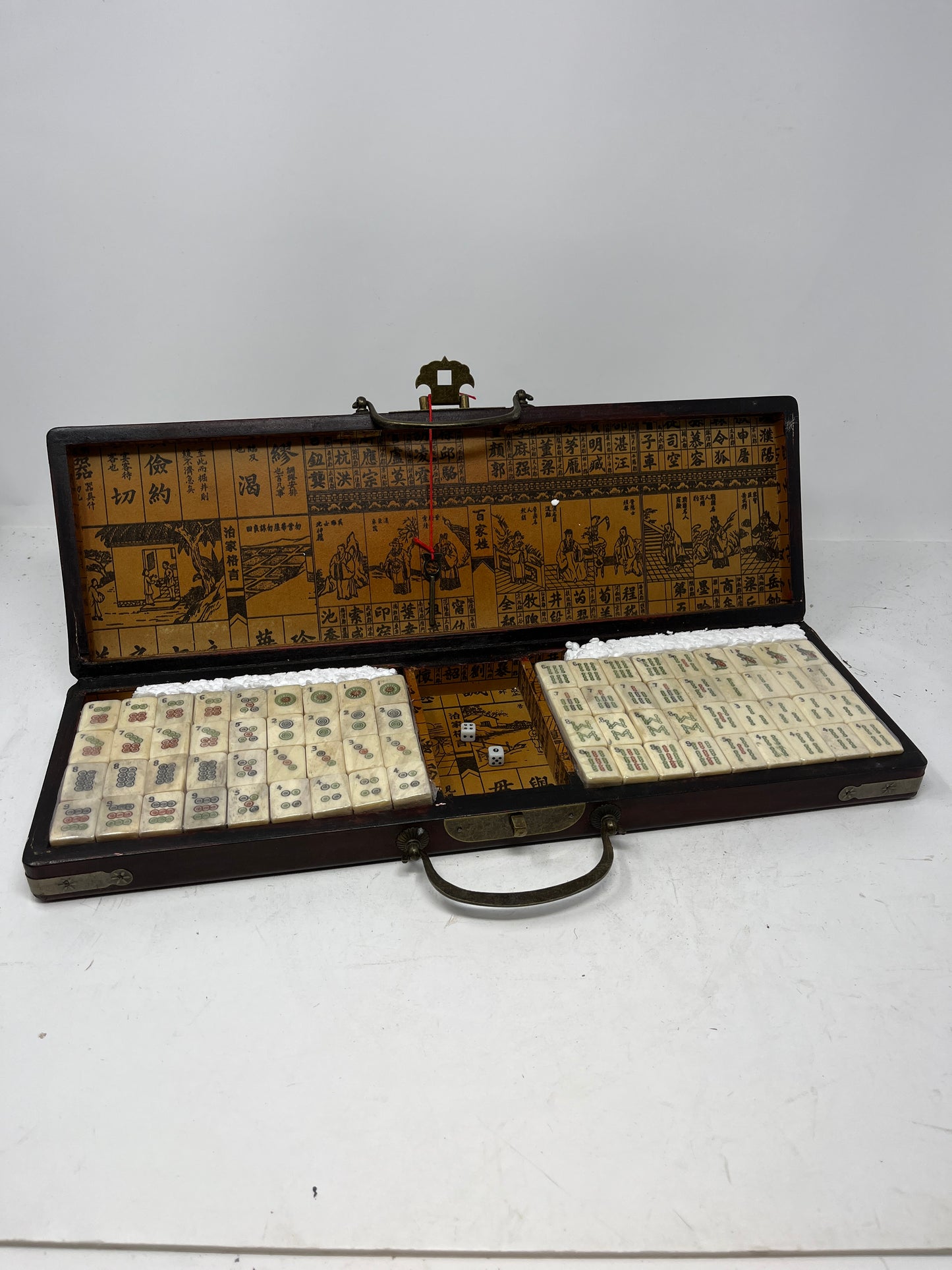 Vintage Chinese Mahjong Set in Red Lacquered Case with Brass Lock and Handle