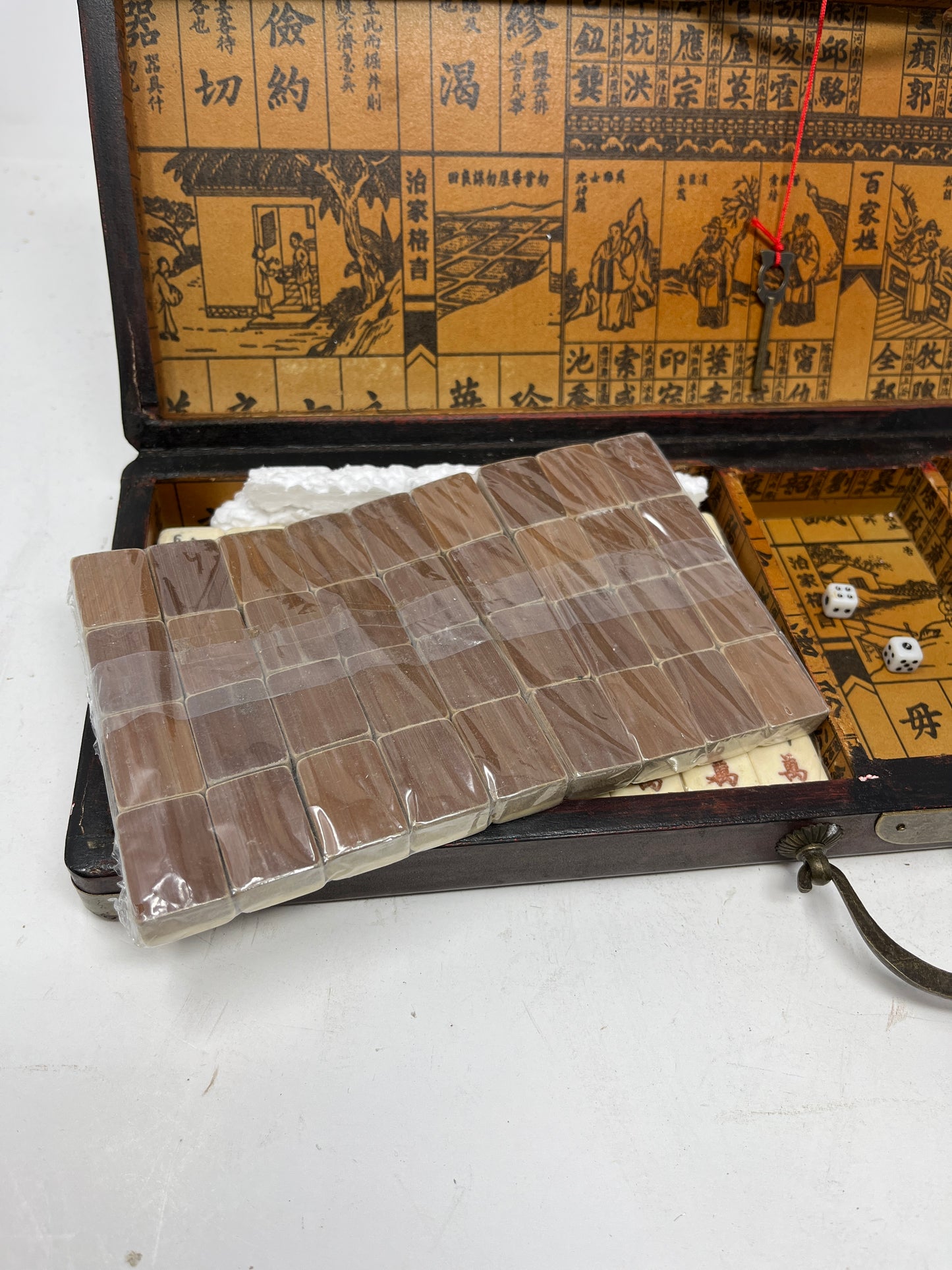 Vintage Chinese Mahjong Set in Red Lacquered Case with Brass Lock and Handle