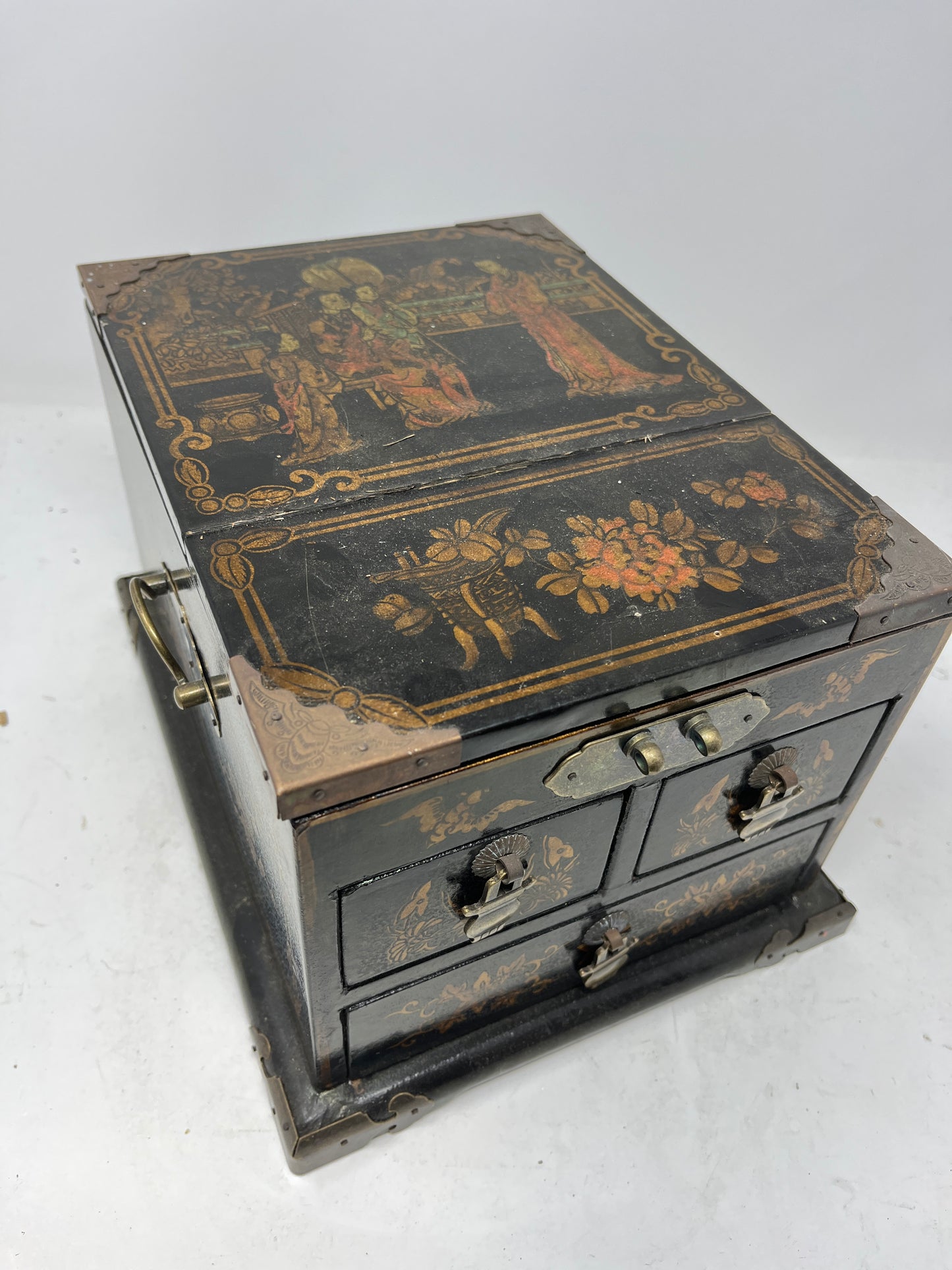 Antique Chinese Lacquered Jewelry Chest with Hand-Painted Scenes and Mirror