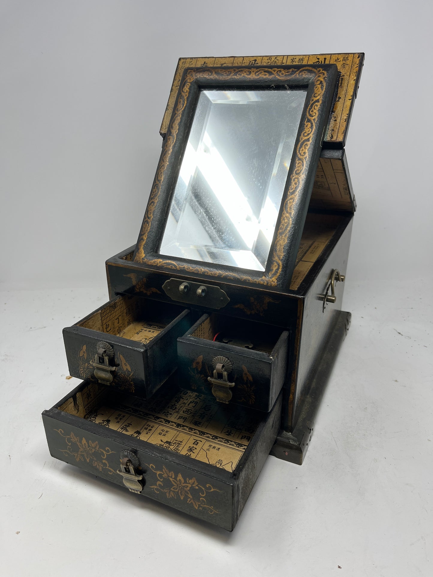 Antique Chinese Lacquered Jewelry Chest with Hand-Painted Scenes and Mirror