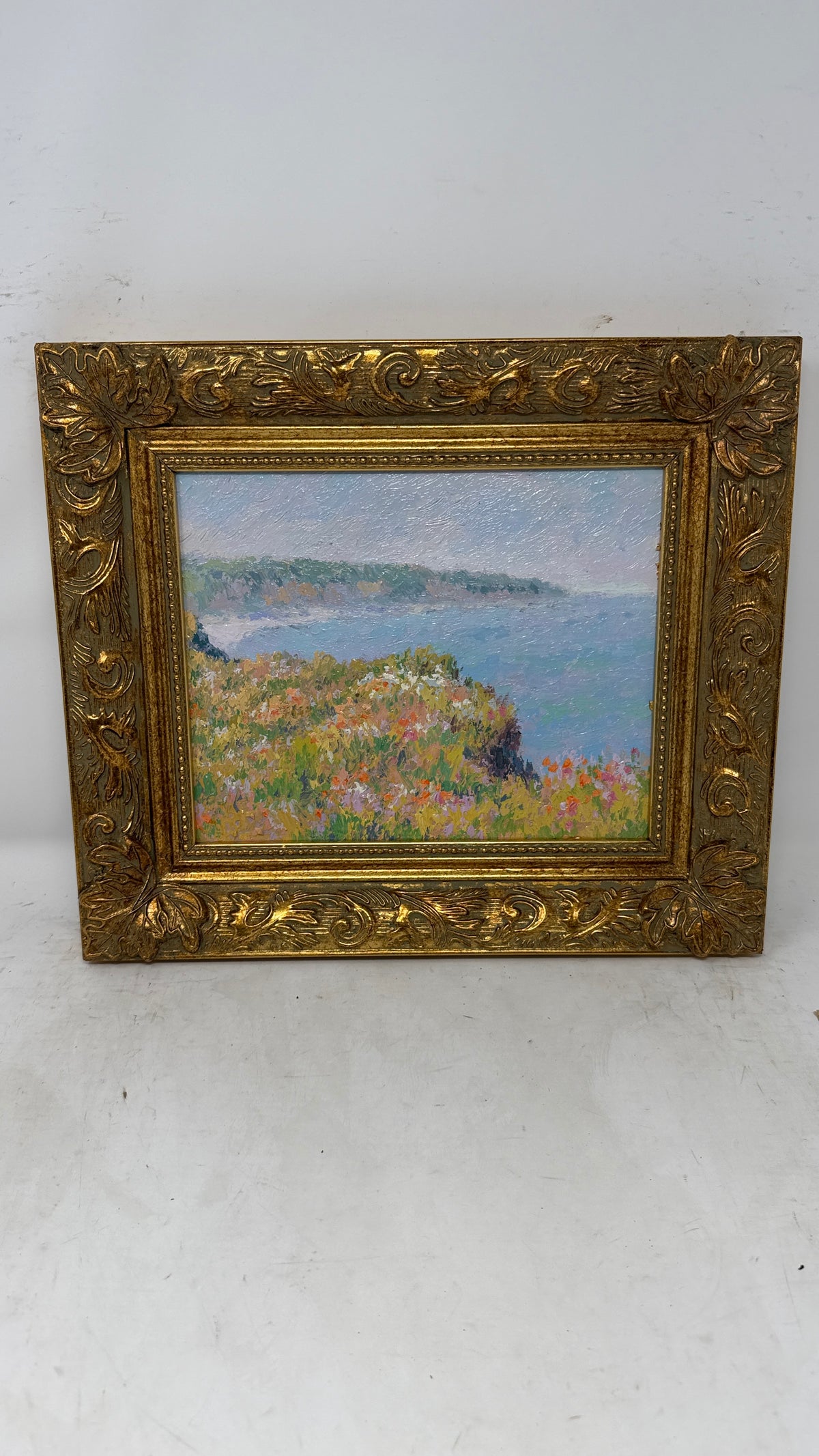 Coastal Wildflowers – Impressionist Seaside Landscape in Ornate Gold Frame