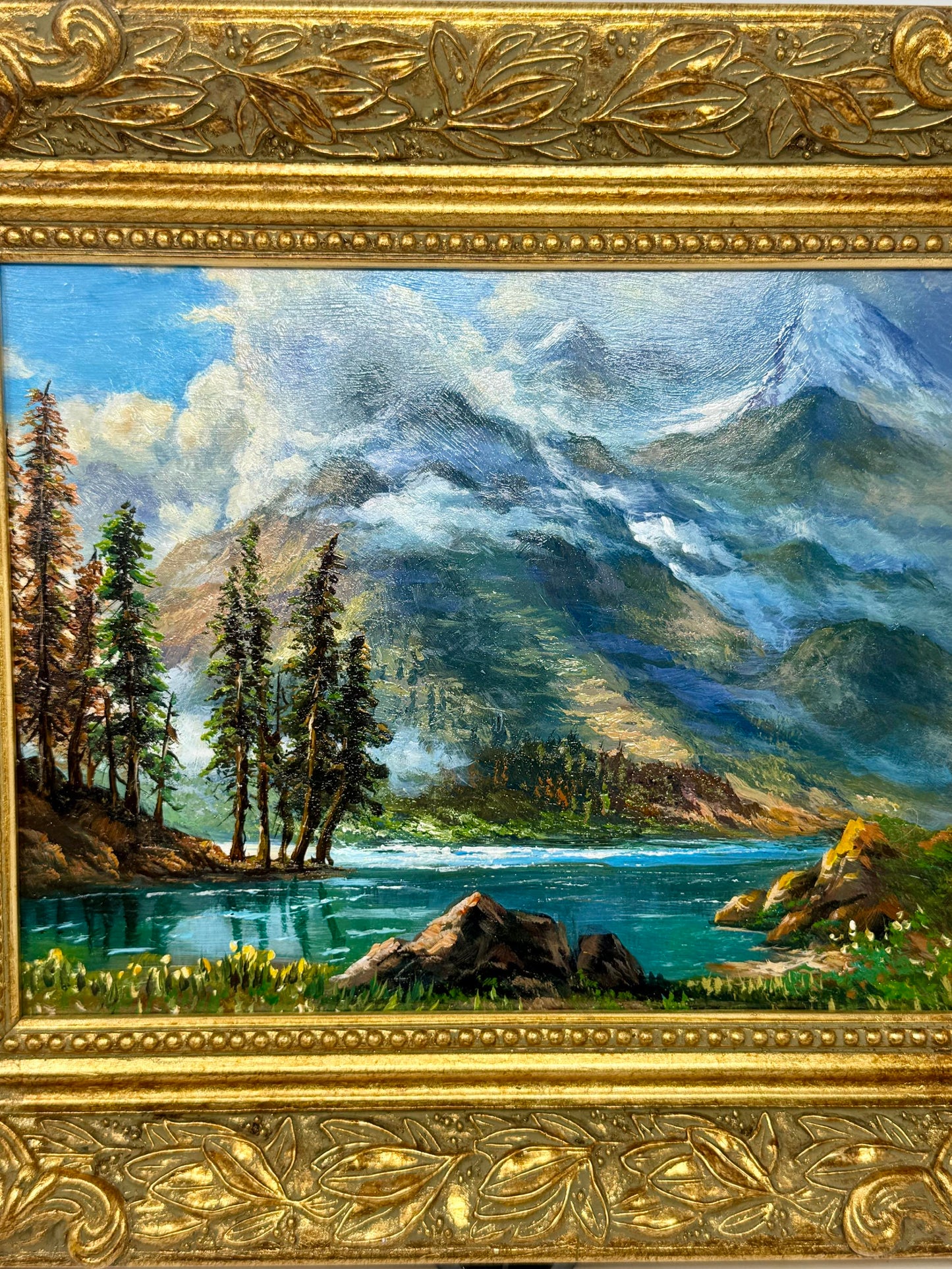 Vintage Ornate Gold Frame Mountain Lake Landscape Oil Painting Wall Art