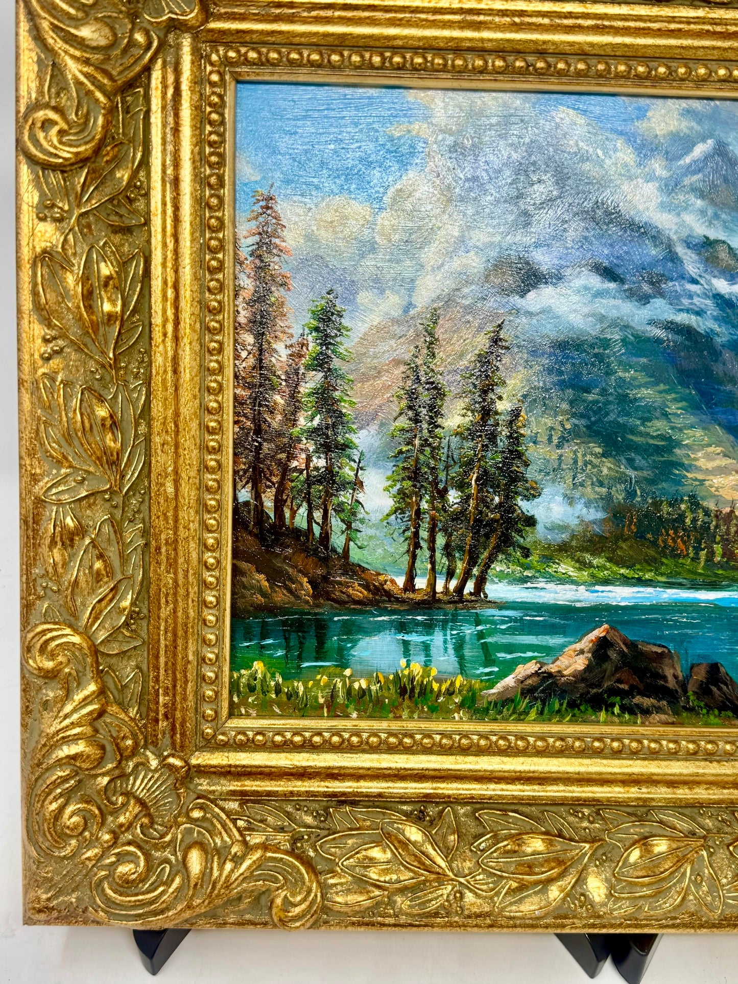 Vintage Ornate Gold Frame Mountain Lake Landscape Oil Painting Wall Art