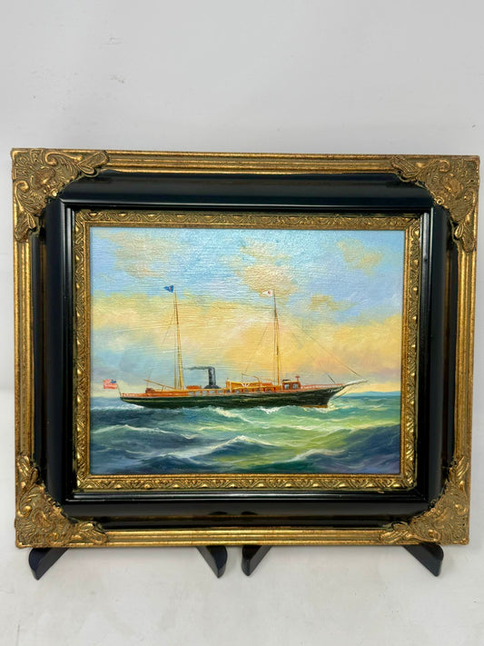 Framed Nautical Ship Seascape Painting Ornate Black Gold Frame Wall Art