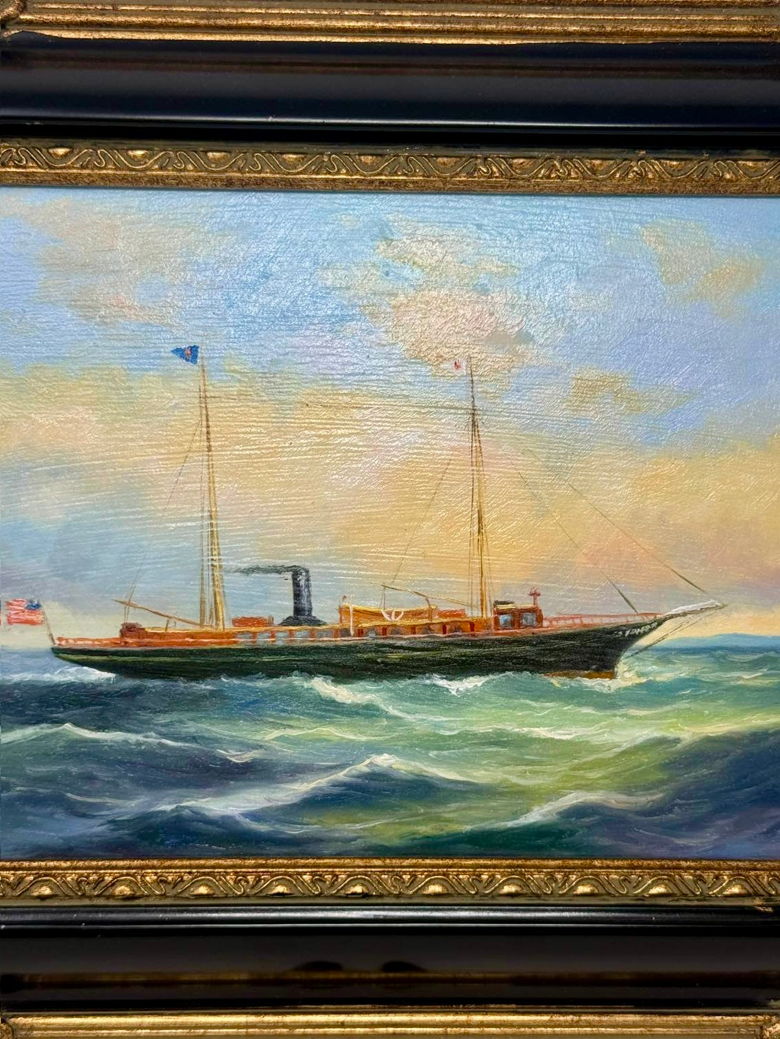 Framed Nautical Ship Seascape Painting Ornate Black Gold Frame Wall Art