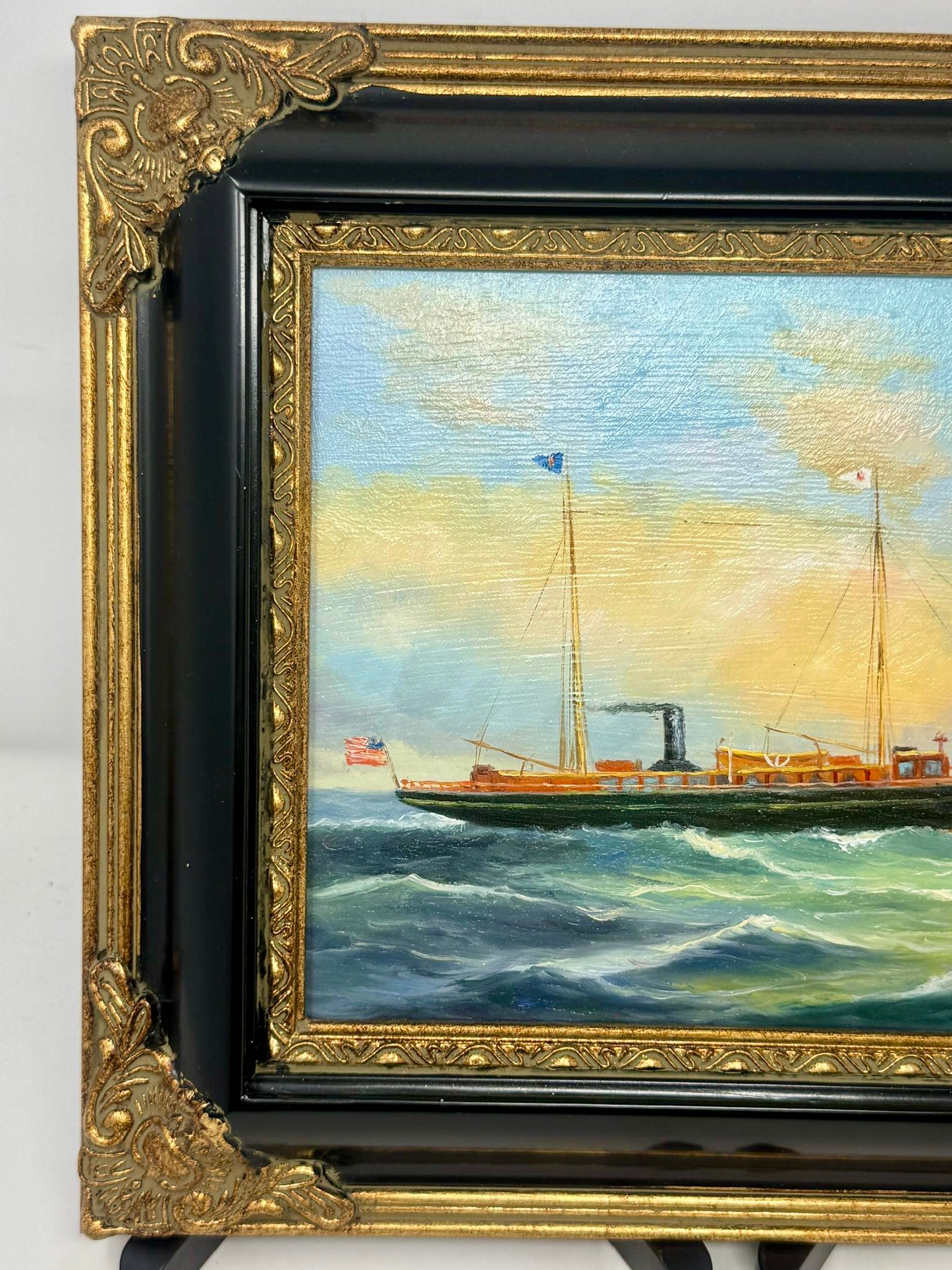 Framed Nautical Ship Seascape Painting Ornate Black Gold Frame Wall Art