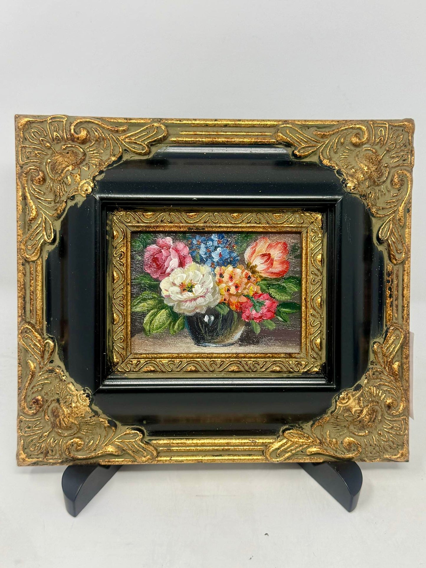 Vintage Mini Floral Still Life Painting Ornate Black Gold Frame 8x7
